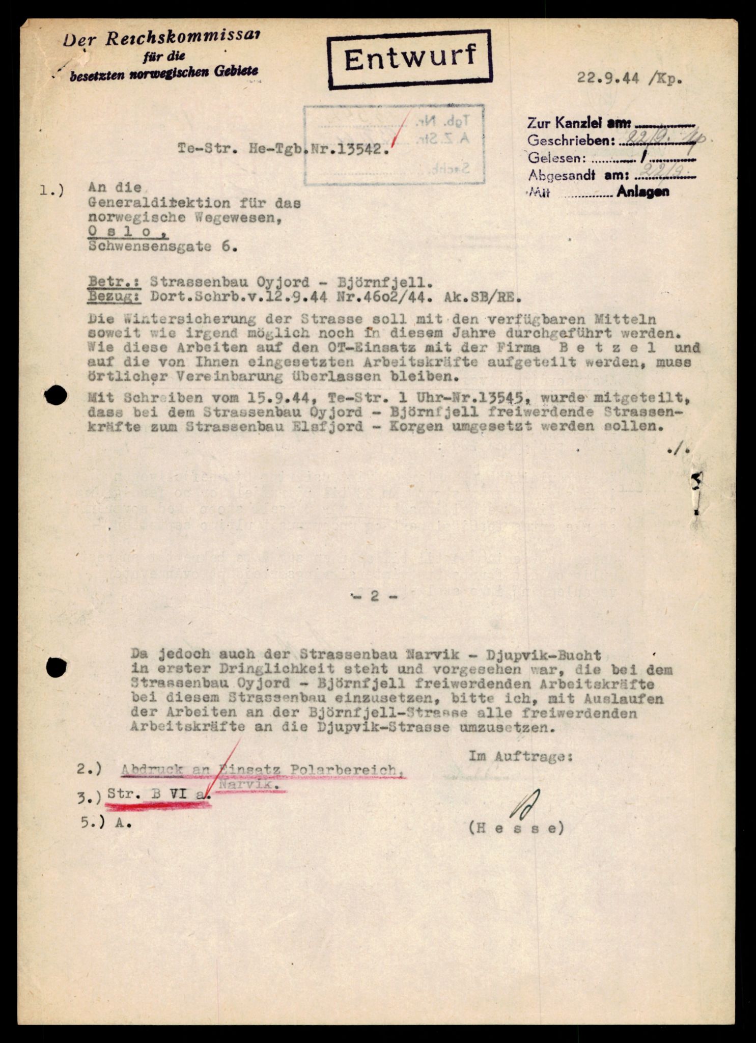 Forsvarets Overkommando. 2 kontor. Arkiv 11.4. Spredte tyske arkivsaker, AV/RA-RAFA-7031/D/Dar/Darb/L0001: Reichskommissariat - Hauptabteilung Technik und Verkehr, 1940-1944, s. 463