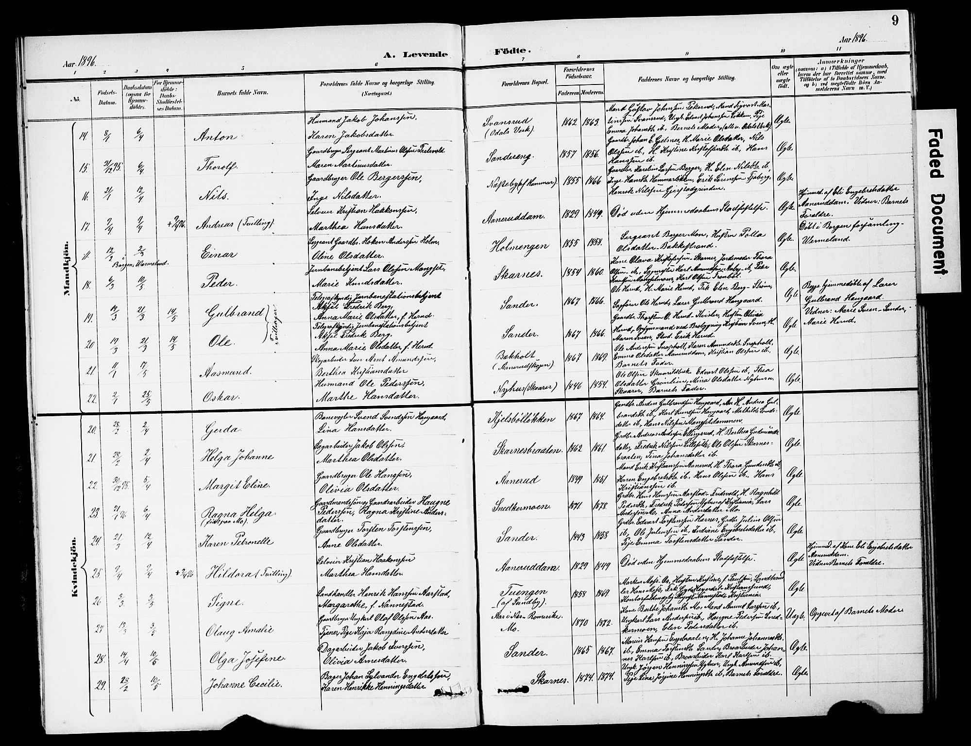 Sør-Odal prestekontor, AV/SAH-PREST-030/H/Ha/Hab/L0001: Klokkerbok nr. 1, 1895-1902, s. 9