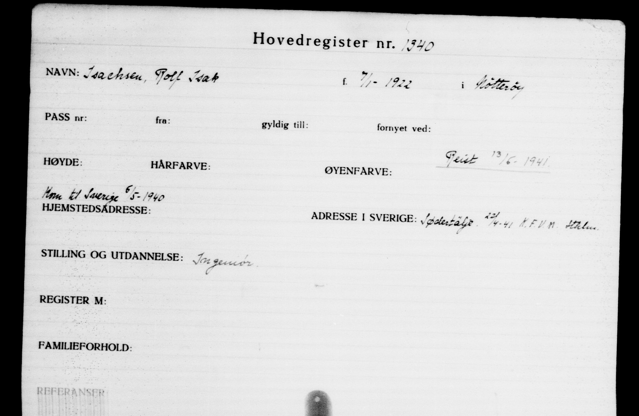 Utenriksstasjonene, Legasjonen i Stockholm, Flyktningkontoret, AV/RA-S-6753/V/Va/L0002: Kjesäterkartoteket, flyktninger med registreringsnr. 1001-2000, 1940-1945, s. 498
