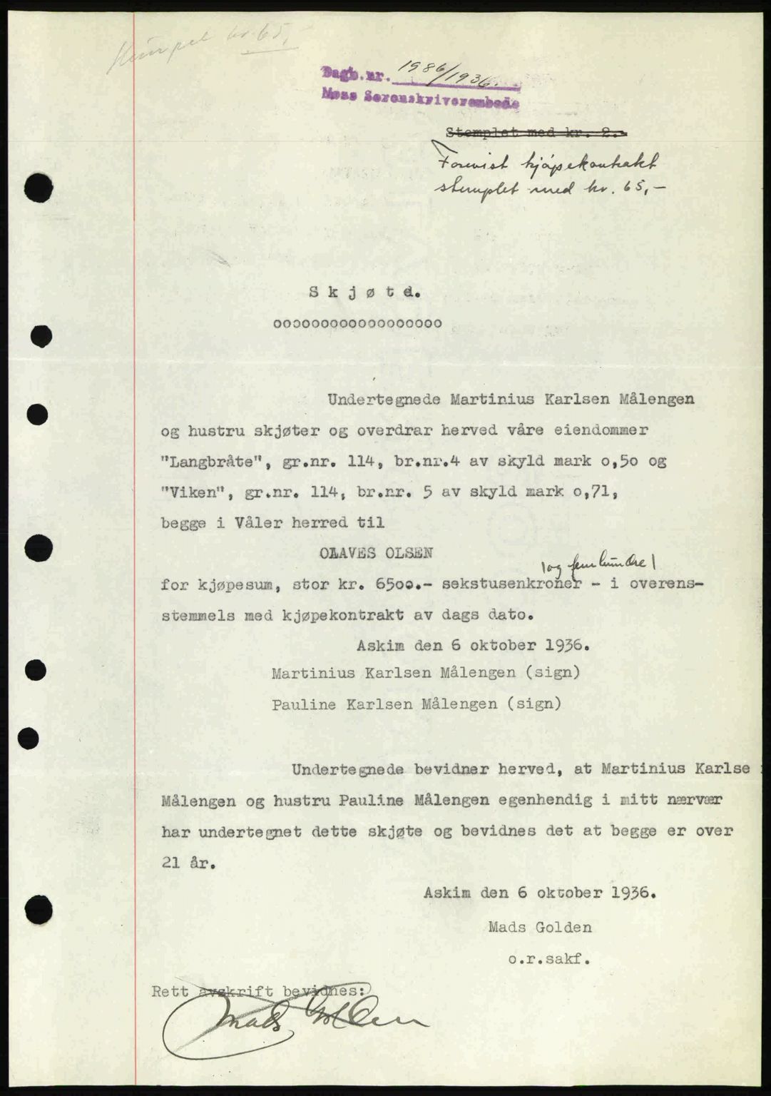 Moss sorenskriveri, SAO/A-10168: Pantebok nr. A2, 1936-1937, Dagboknr: 1986/1936