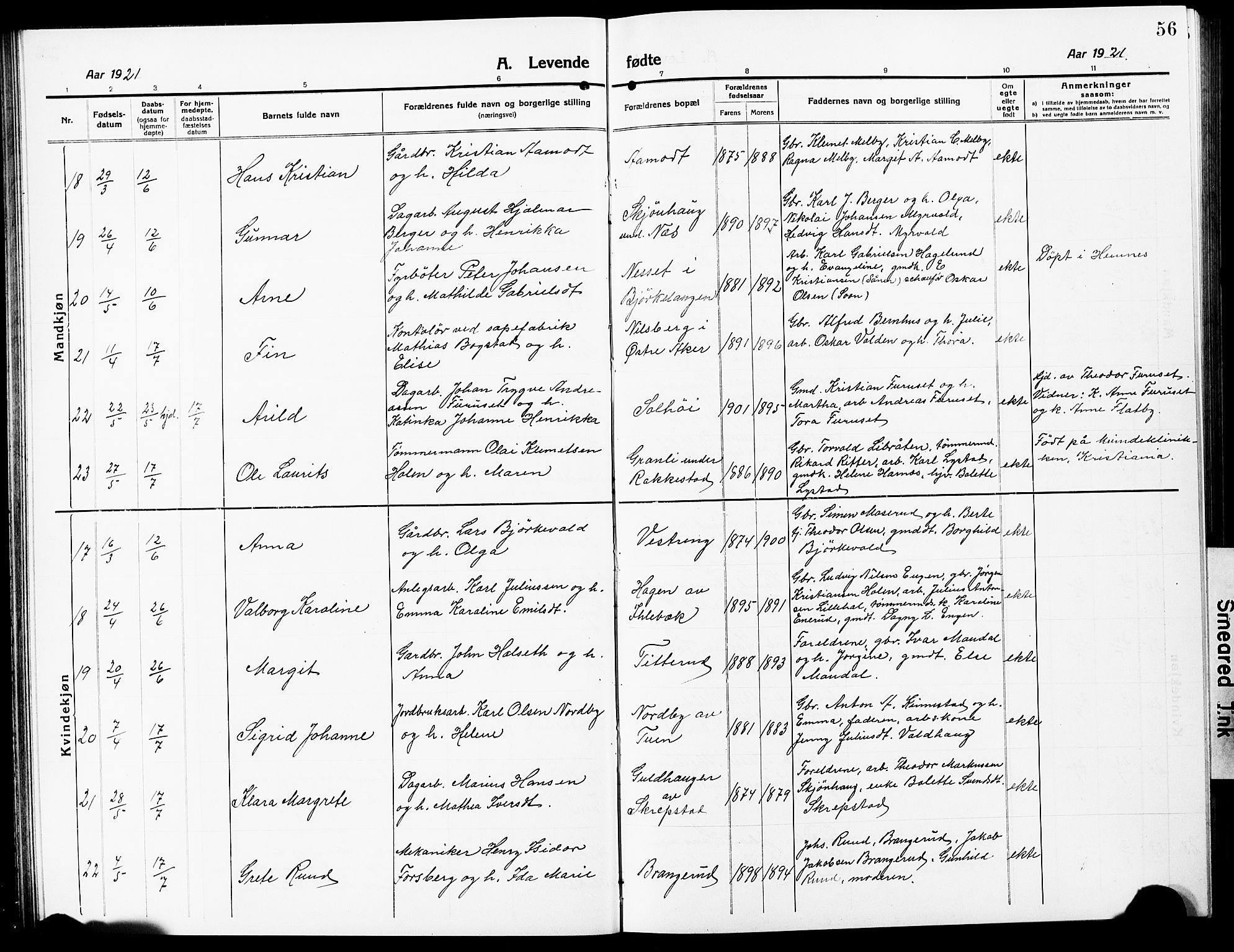 Høland prestekontor Kirkebøker, AV/SAO-A-10346a/G/Ga/L0008: Klokkerbok nr. I 8, 1915-1929, s. 56