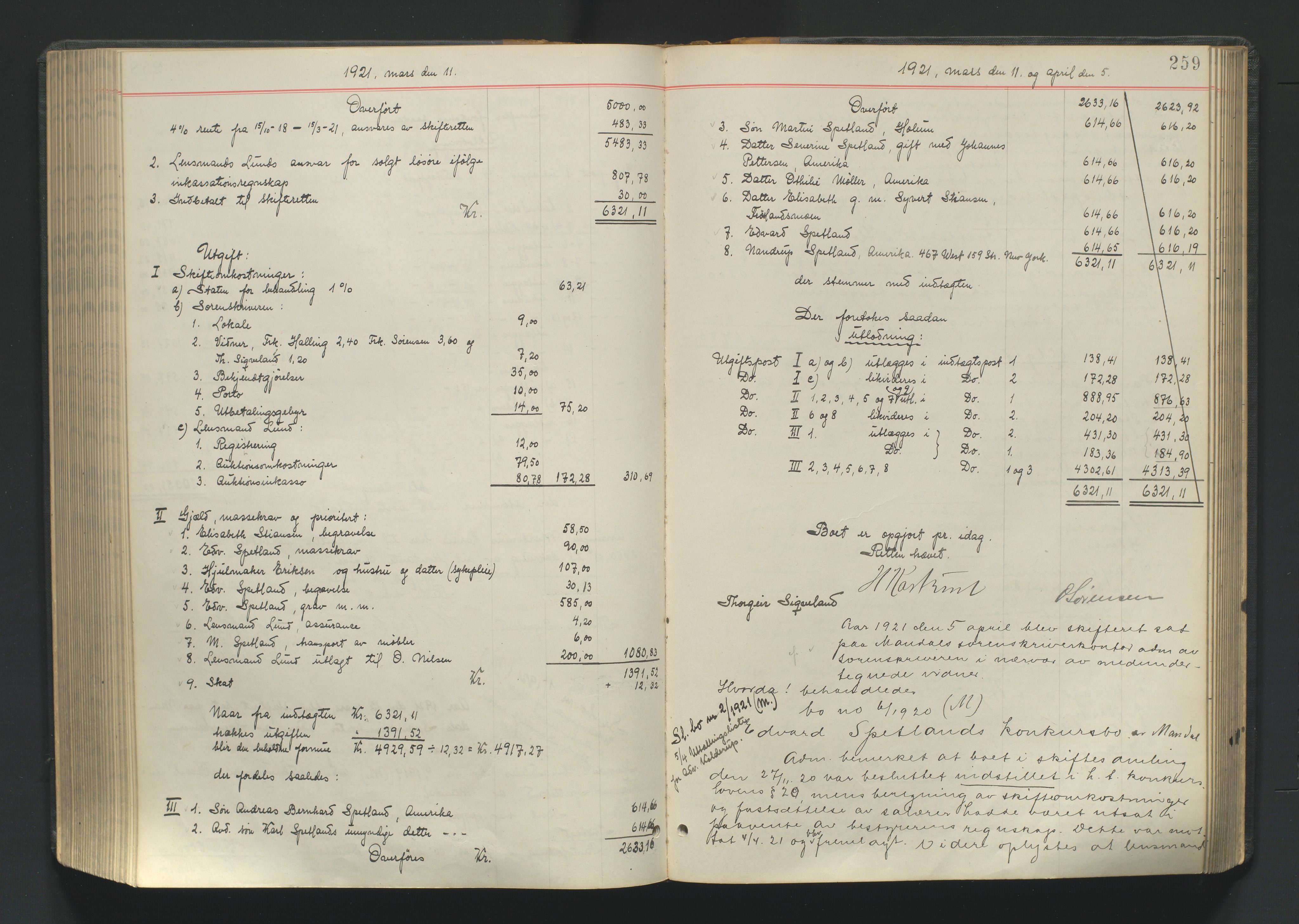 Mandal sorenskriveri, AV/SAK-1221-0005/001/H/Hc/L0099: Skifteutlodningsprotokoll nr 8, 1917-1923, s. 259