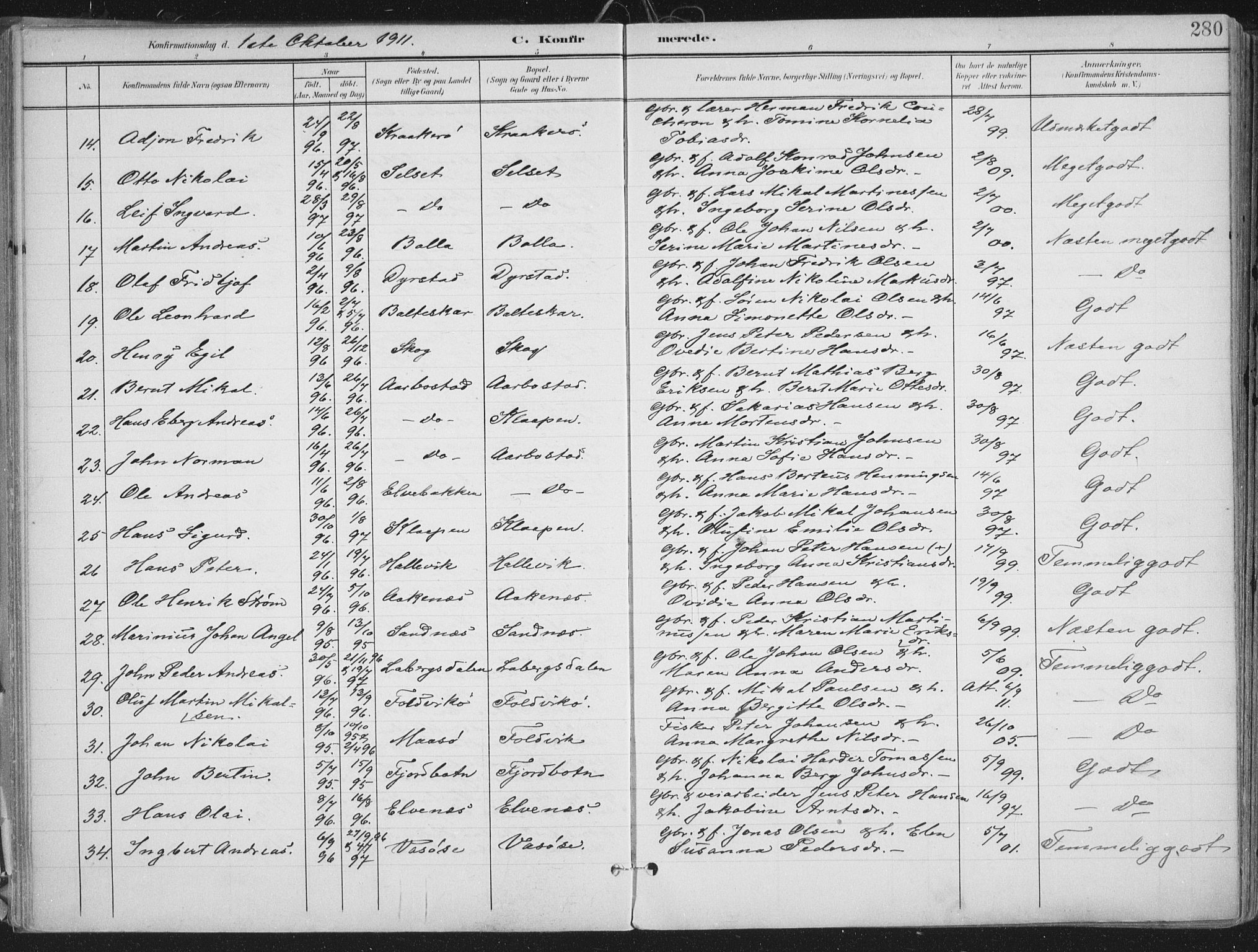 Ibestad sokneprestembete, AV/SATØ-S-0077/H/Ha/Haa/L0017kirke: Ministerialbok nr. 17, 1901-1914, s. 280