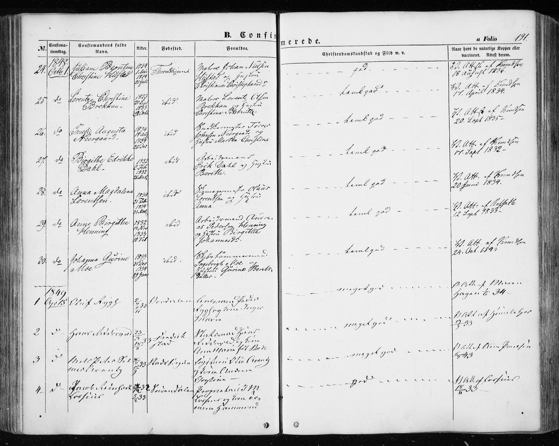 Ministerialprotokoller, klokkerbøker og fødselsregistre - Sør-Trøndelag, SAT/A-1456/601/L0051: Ministerialbok nr. 601A19, 1848-1857, s. 191