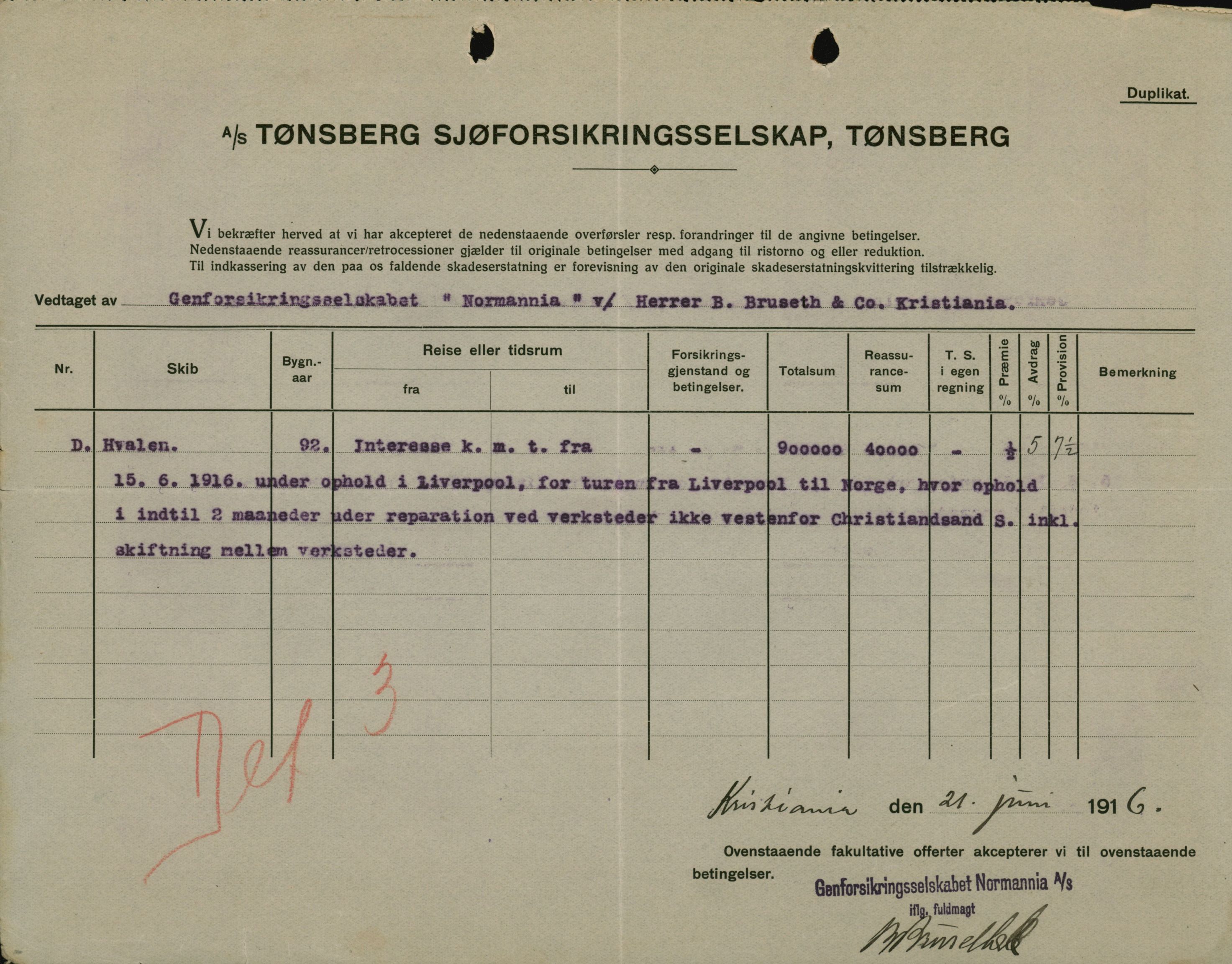 Pa 664 - Tønsberg Sjøforsikringsselskap, VEMU/A-1773/F/L0001: Forsikringspoliser, 1915-1918