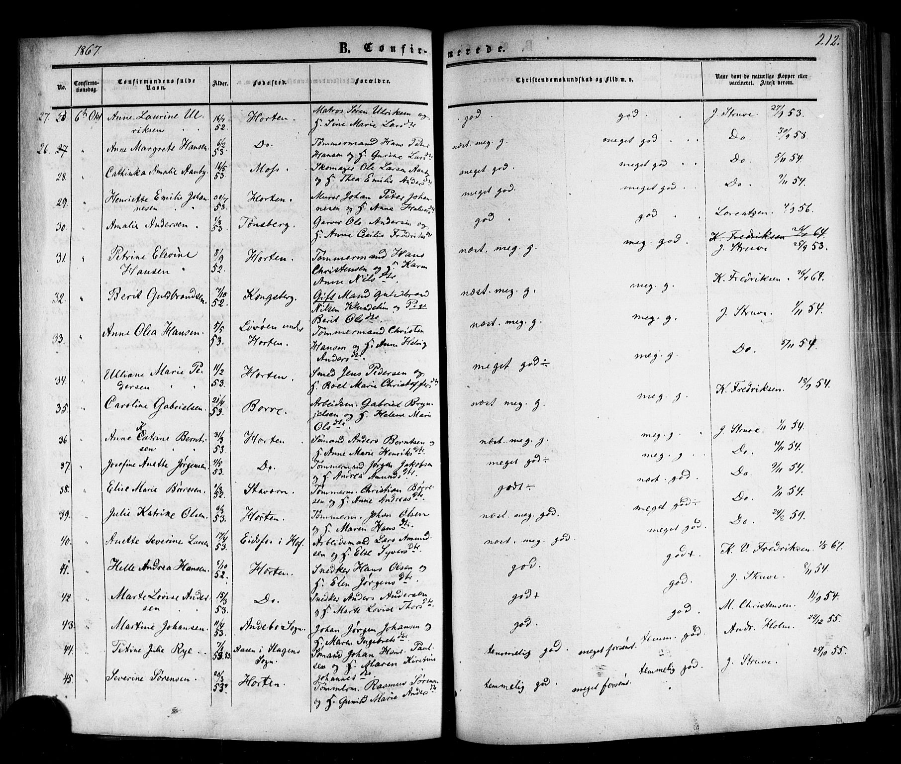 Horten kirkebøker, AV/SAKO-A-348/F/Fa/L0001: Ministerialbok nr. 1, 1855-1871, s. 212