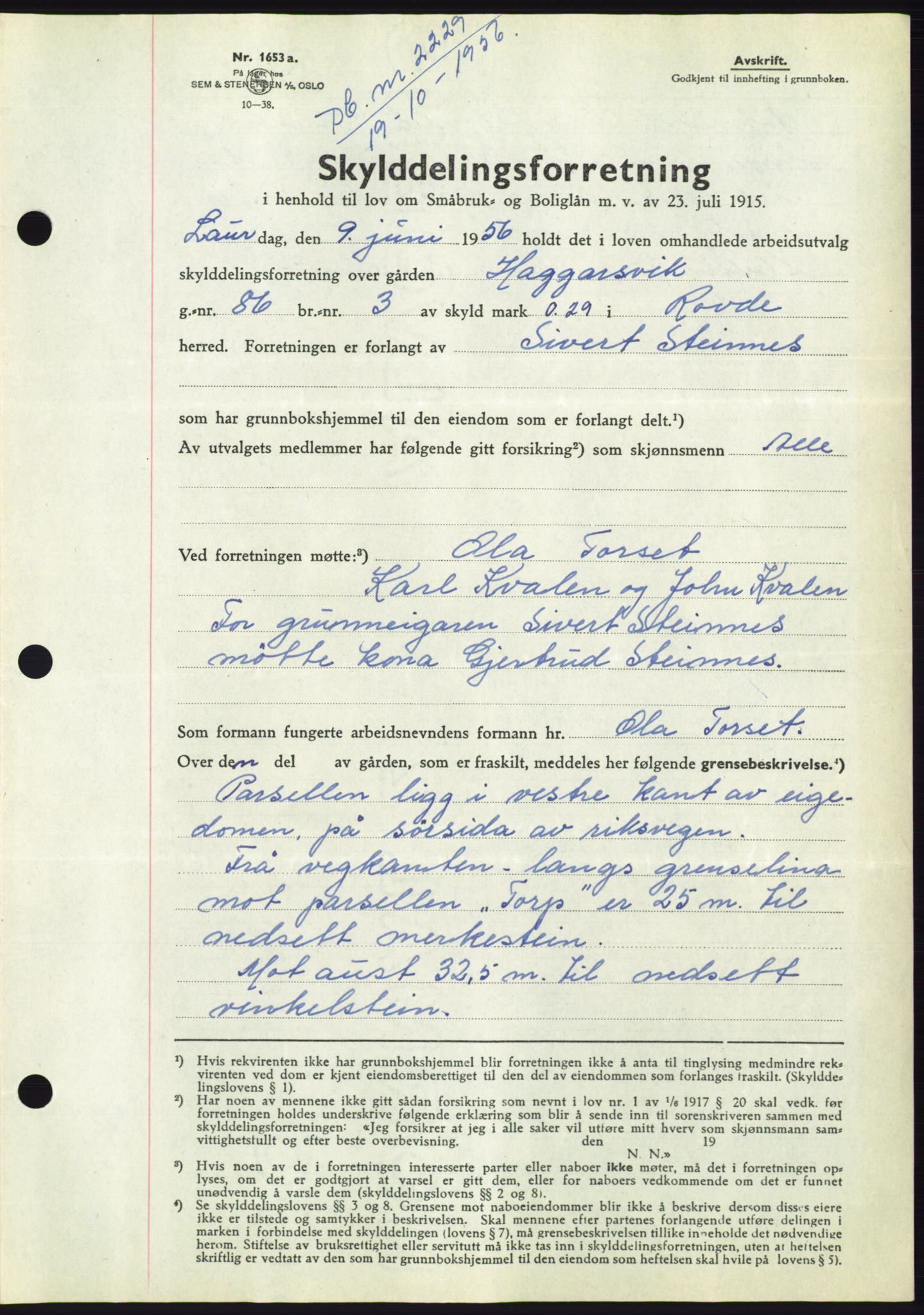 Søre Sunnmøre sorenskriveri, AV/SAT-A-4122/1/2/2C/L0104: Pantebok nr. 30A, 1956-1956, Dagboknr: 2229/1956