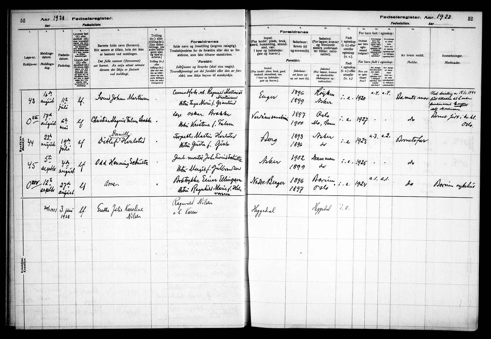 Asker prestekontor Kirkebøker, SAO/A-10256a/J/L0002: Fødselsregister nr. 2, 1925-1938, s. 52