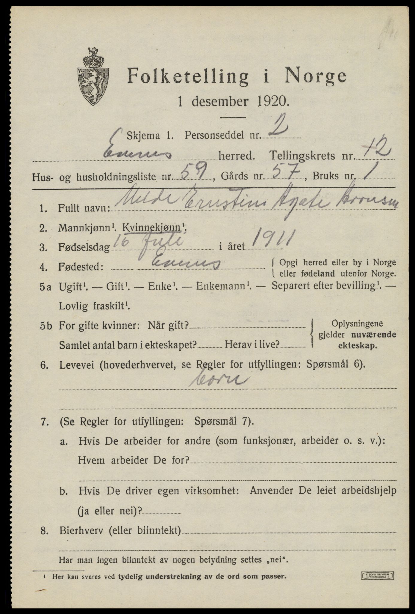 SAT, Folketelling 1920 for 1853 Evenes herred, 1920, s. 11822