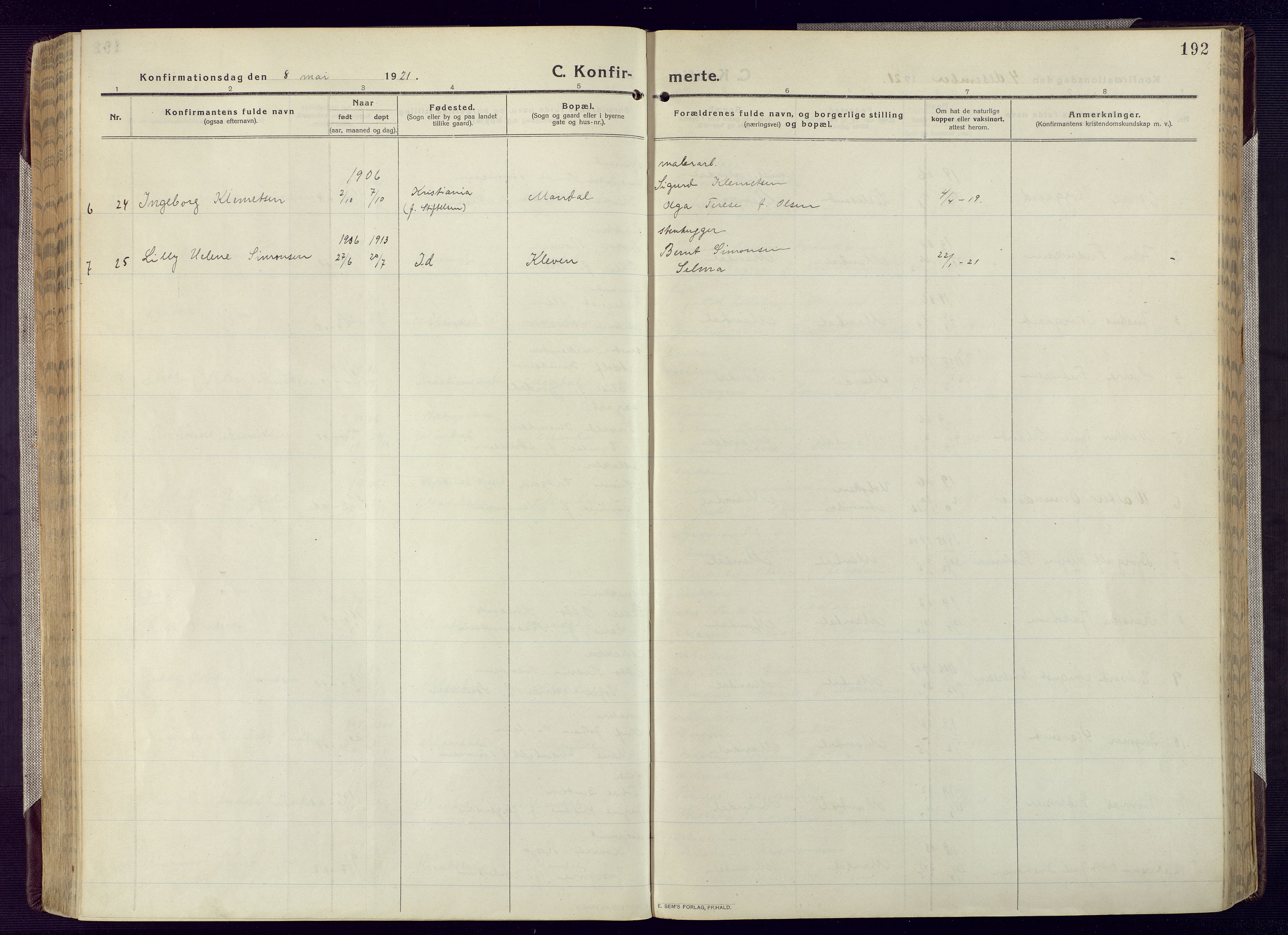 Mandal sokneprestkontor, SAK/1111-0030/F/Fa/Fac/L0001: Ministerialbok nr. A 1, 1913-1925, s. 192