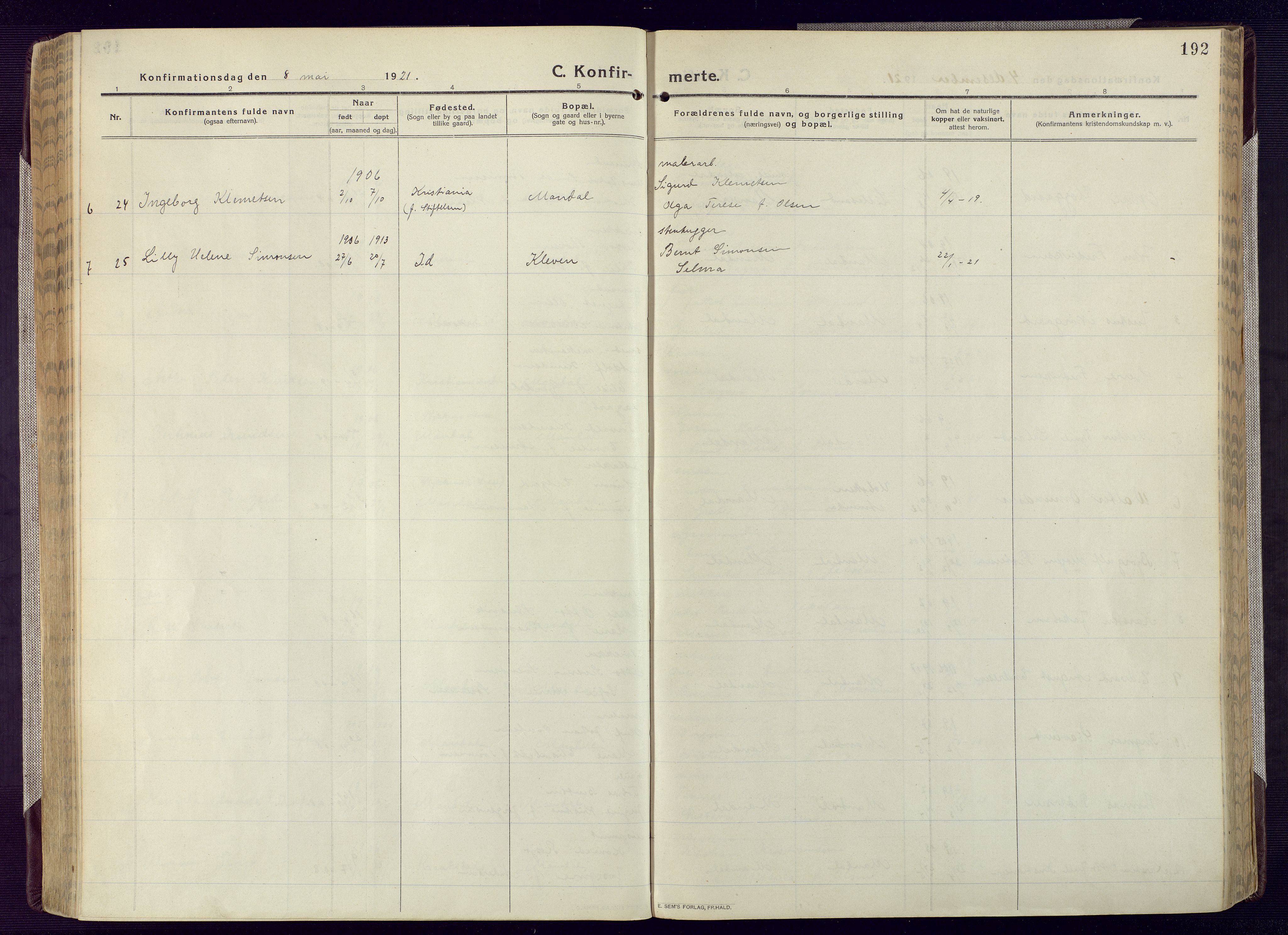 Mandal sokneprestkontor, AV/SAK-1111-0030/F/Fa/Fac/L0001: Ministerialbok nr. A 1, 1913-1925, s. 192