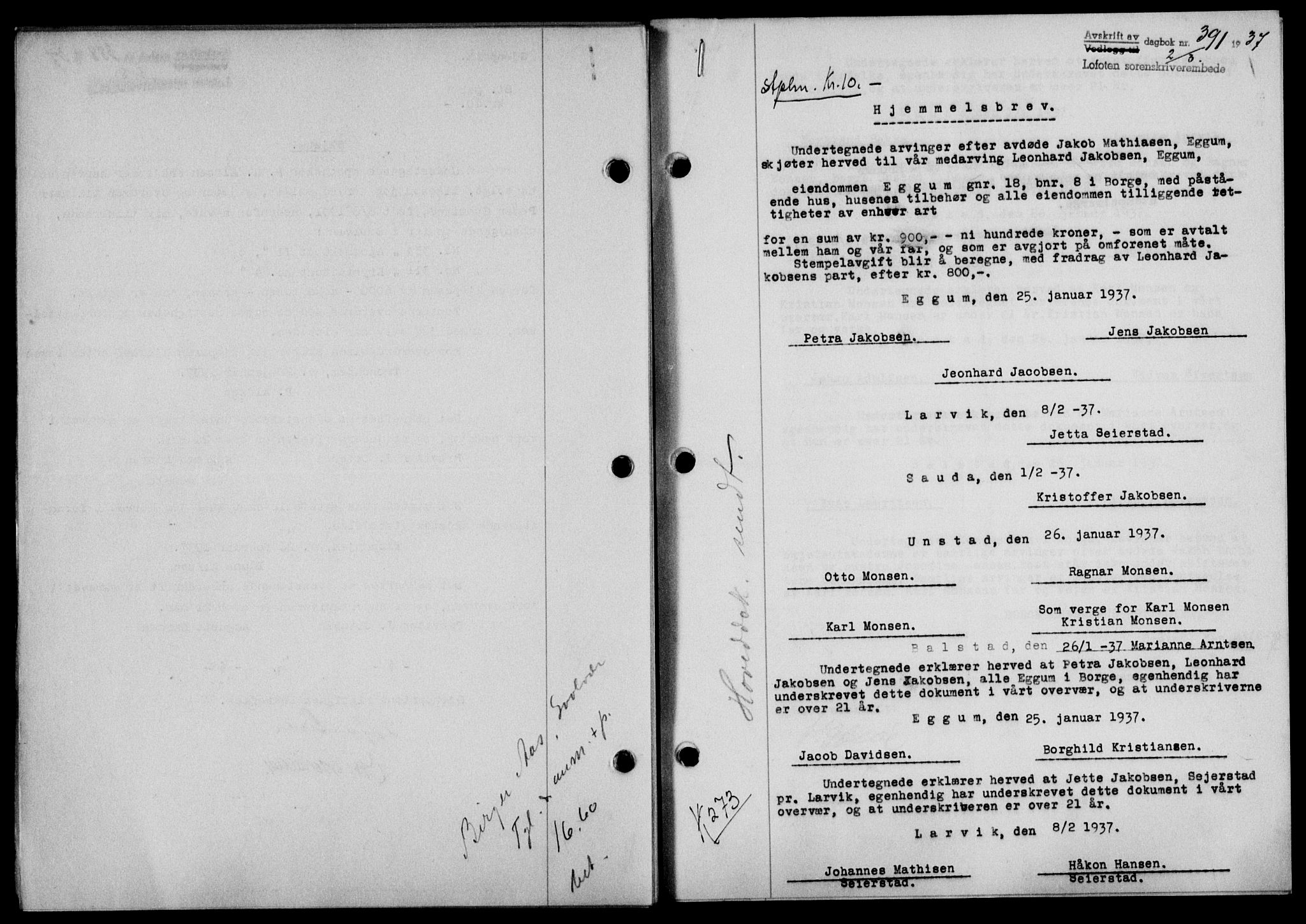 Lofoten sorenskriveri, SAT/A-0017/1/2/2C/L0001a: Pantebok nr. 1a, 1936-1937, Dagboknr: 391/1937