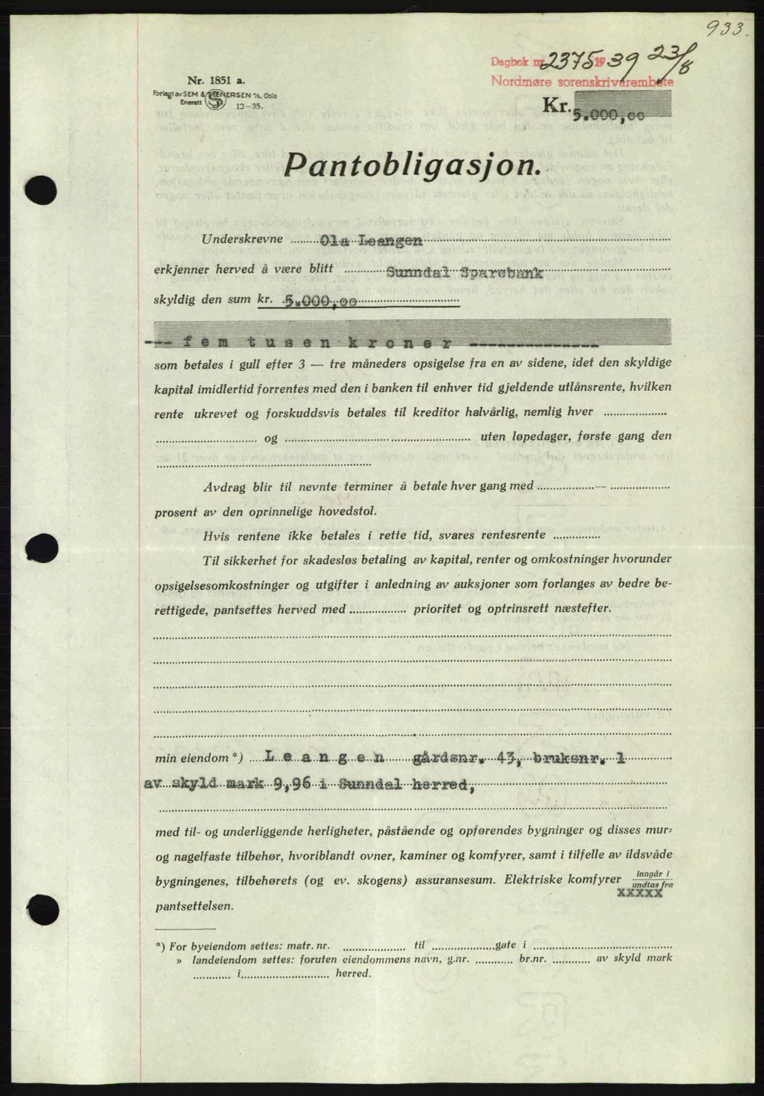 Nordmøre sorenskriveri, AV/SAT-A-4132/1/2/2Ca: Pantebok nr. B85, 1939-1939, Dagboknr: 2375/1939