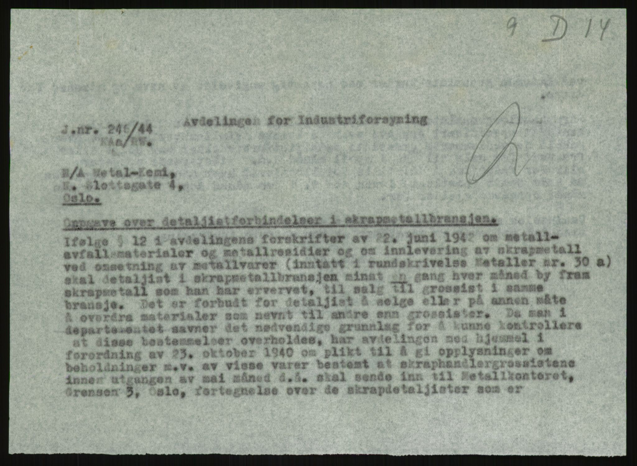 Direktoratet for industriforsyning, Sekretariatet, AV/RA-S-4153/D/Df/L0054: 9. Metallkontoret, 1940-1945, s. 1839
