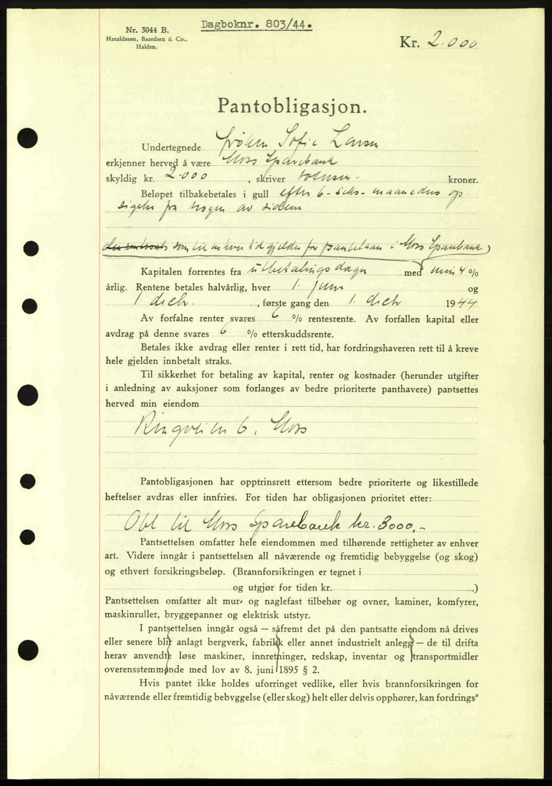 Moss sorenskriveri, SAO/A-10168: Pantebok nr. B13, 1943-1945, Dagboknr: 803/1944