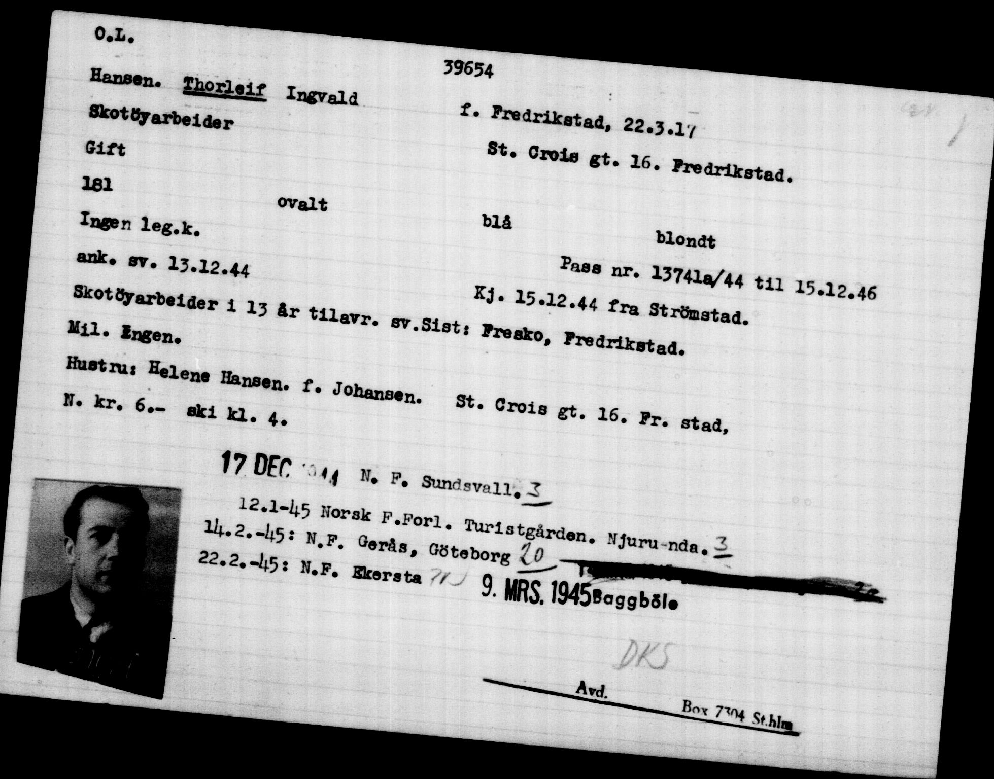 Utenriksstasjonene, Legasjonen i Stockholm, Flyktningkontoret, AV/RA-S-6753/V/Va/L0015: Kjesäterkartoteket, flyktninger med registreringsnr. 37800-40770, 1940-1945, s. 1911