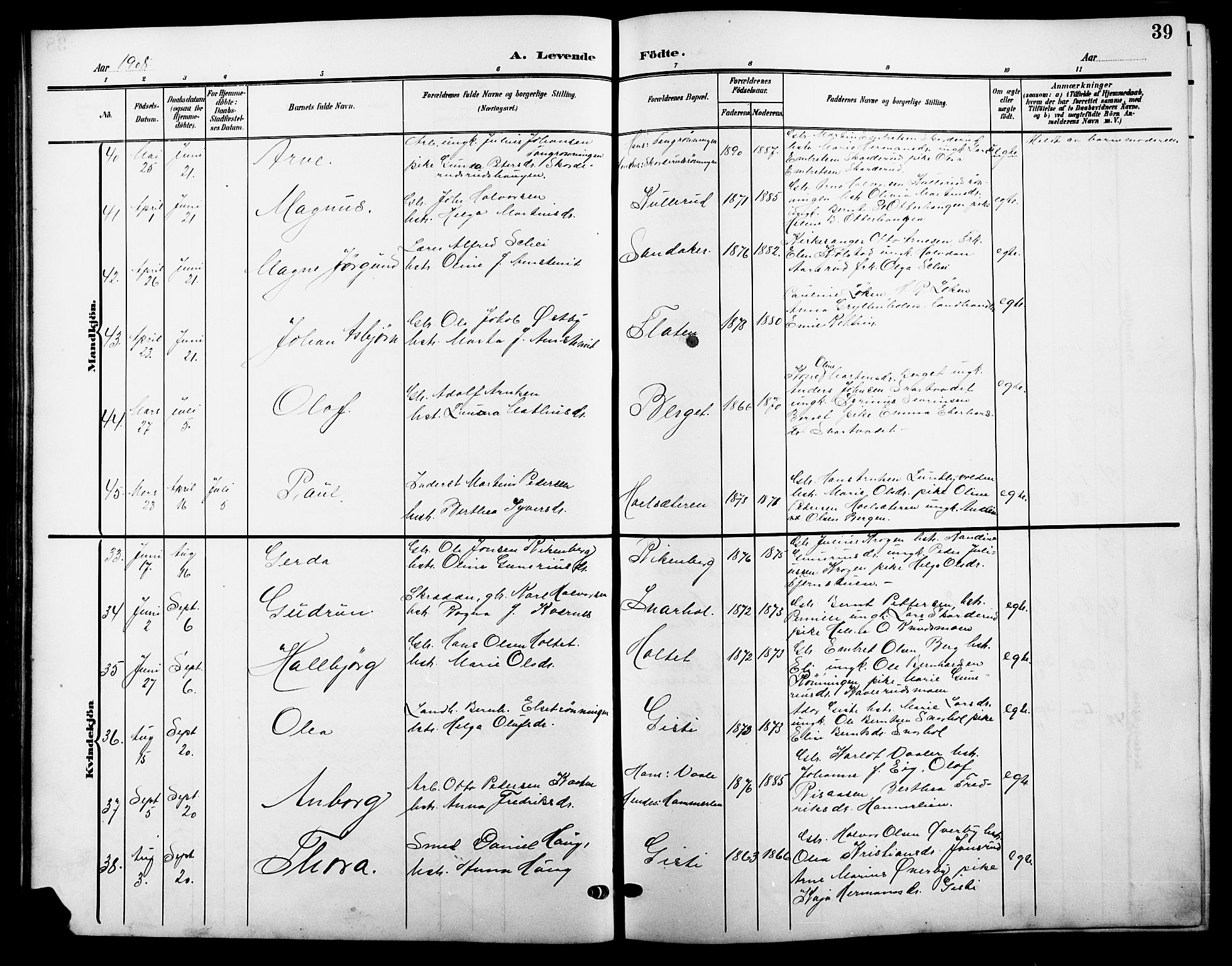 Våler prestekontor, Hedmark, AV/SAH-PREST-040/H/Ha/Hab/L0002: Klokkerbok nr. 2, 1905-1915, s. 39