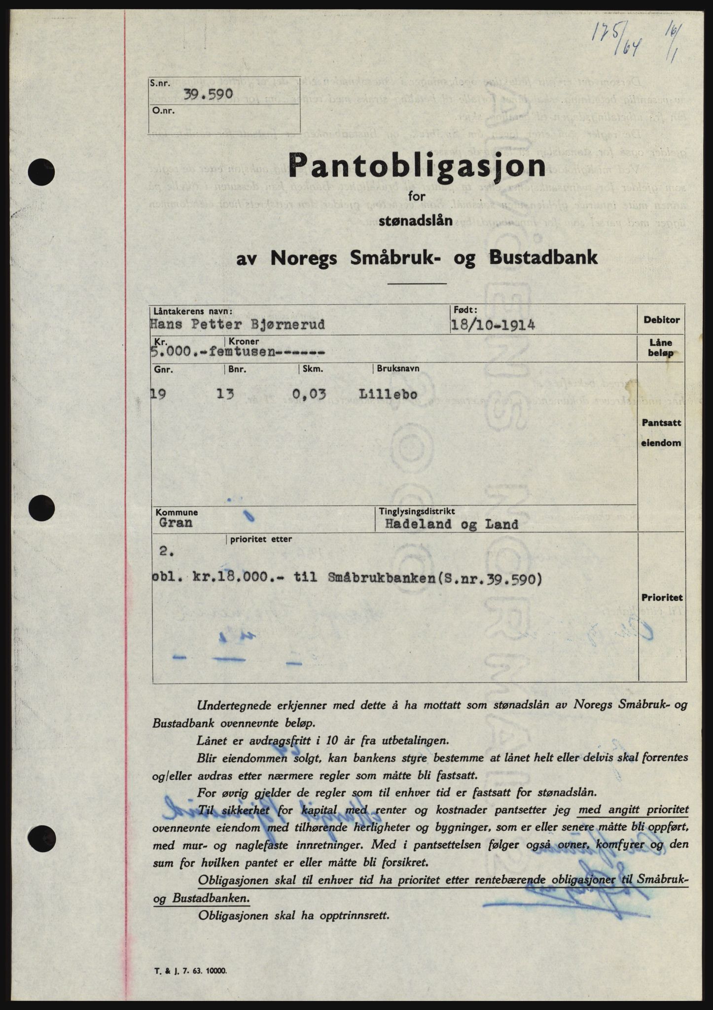 Hadeland og Land tingrett, SAH/TING-010/H/Hb/Hbc/L0053: Pantebok nr. B53, 1963-1964, Dagboknr: 175/1964