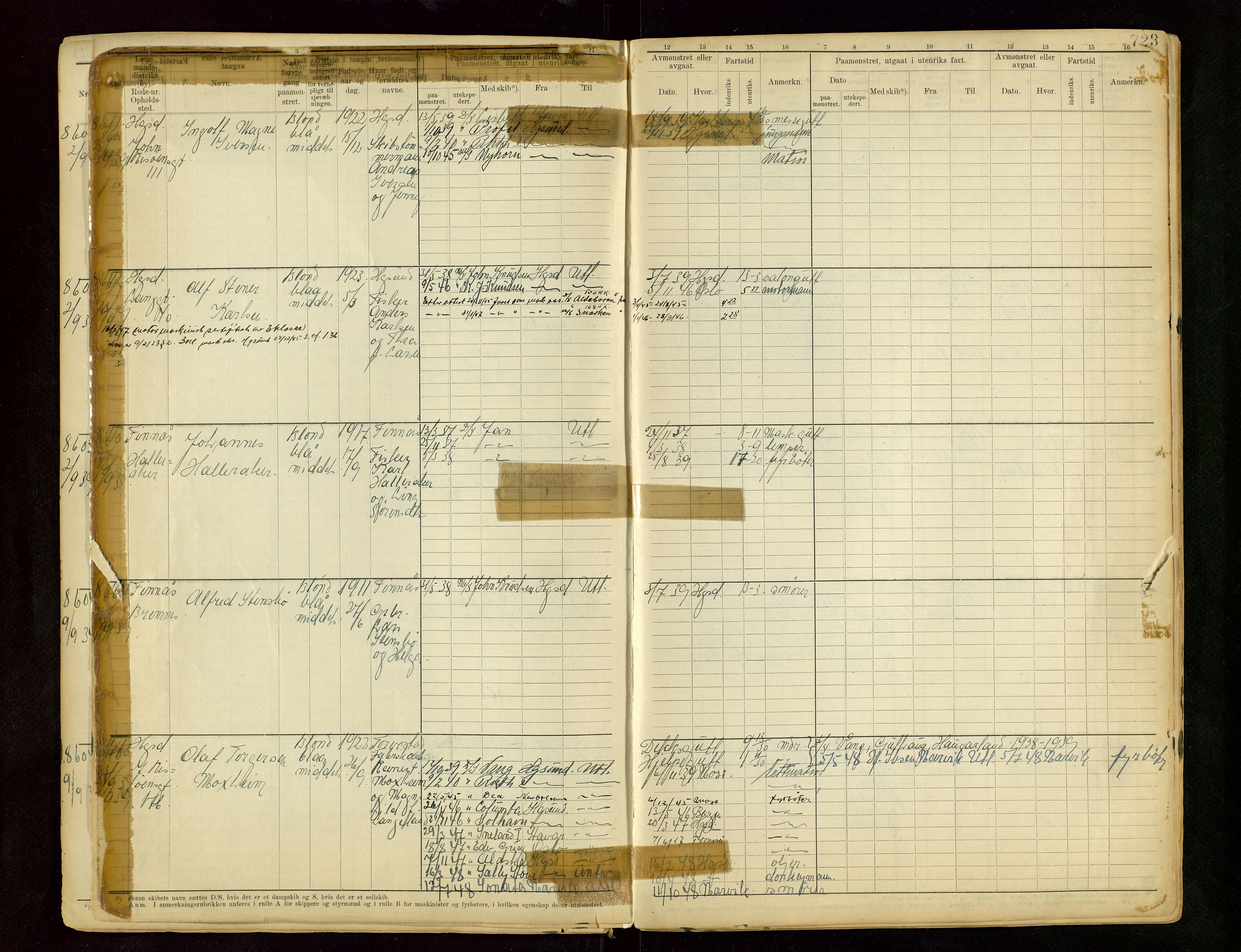 Haugesund sjømannskontor, SAST/A-102007/F/Fb/Fbb/L0015: Sjøfartsrulle A Haugesund krets I nr 5001-8970, 1912-1948, s. 723