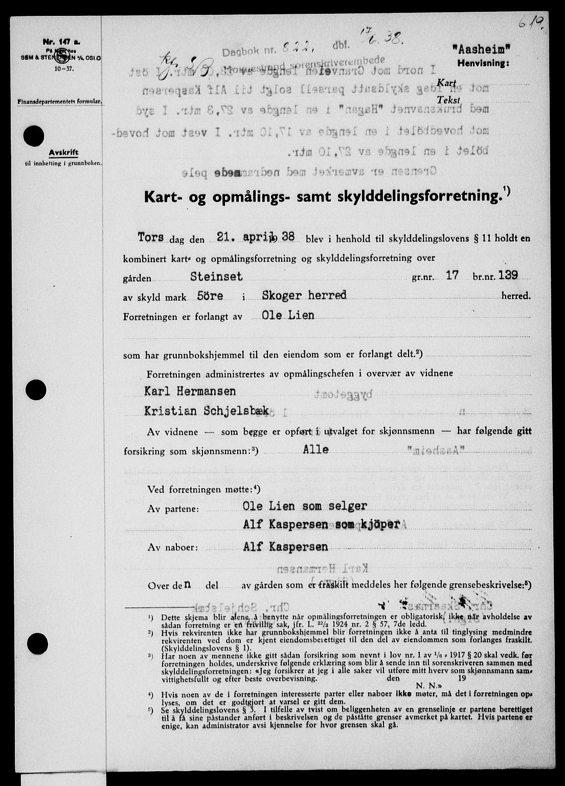 Holmestrand sorenskriveri, SAKO/A-67/G/Ga/Gaa/L0049: Pantebok nr. A-49, 1937-1938, Dagboknr: 822/1938