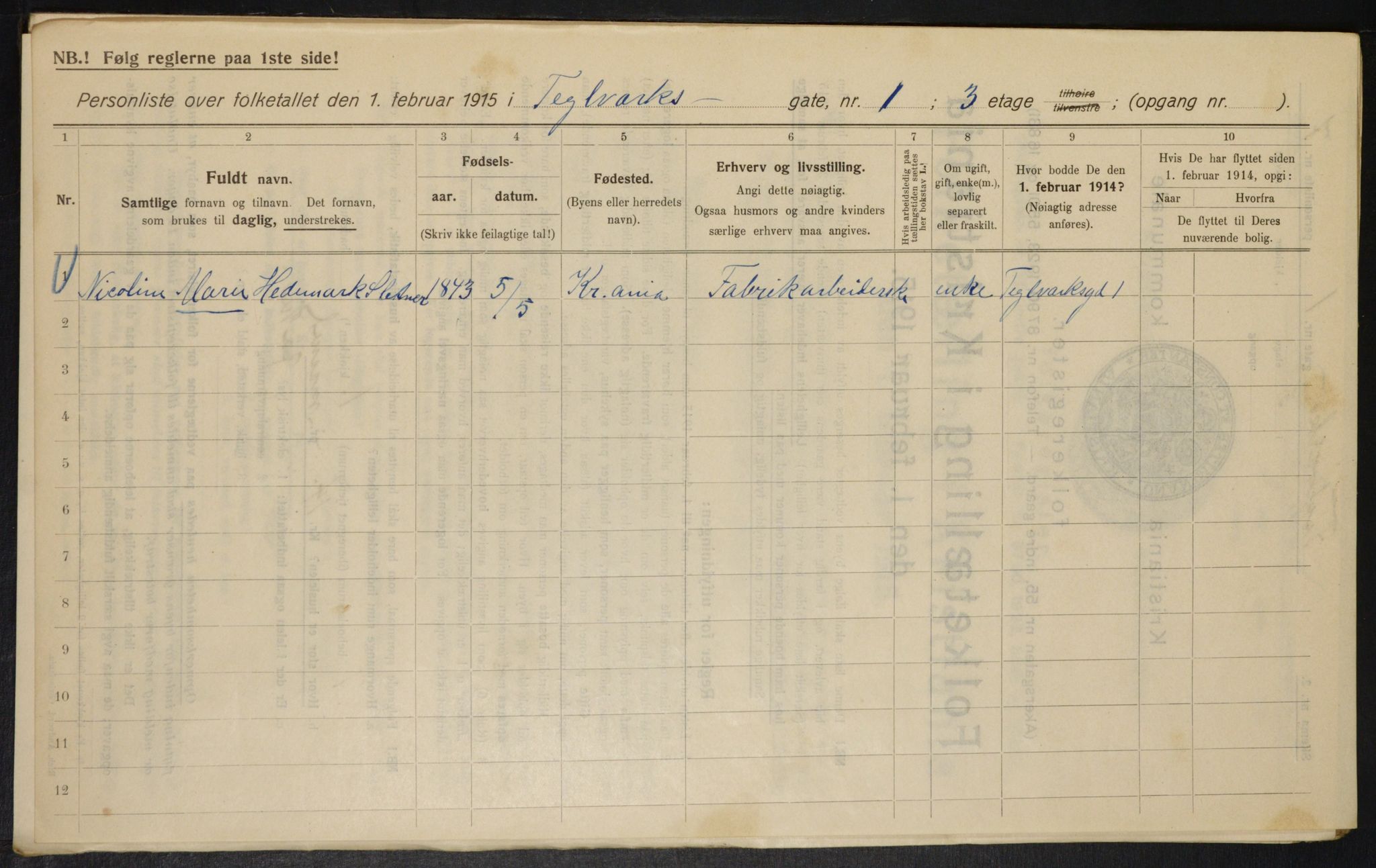 OBA, Kommunal folketelling 1.2.1915 for Kristiania, 1915, s. 107605