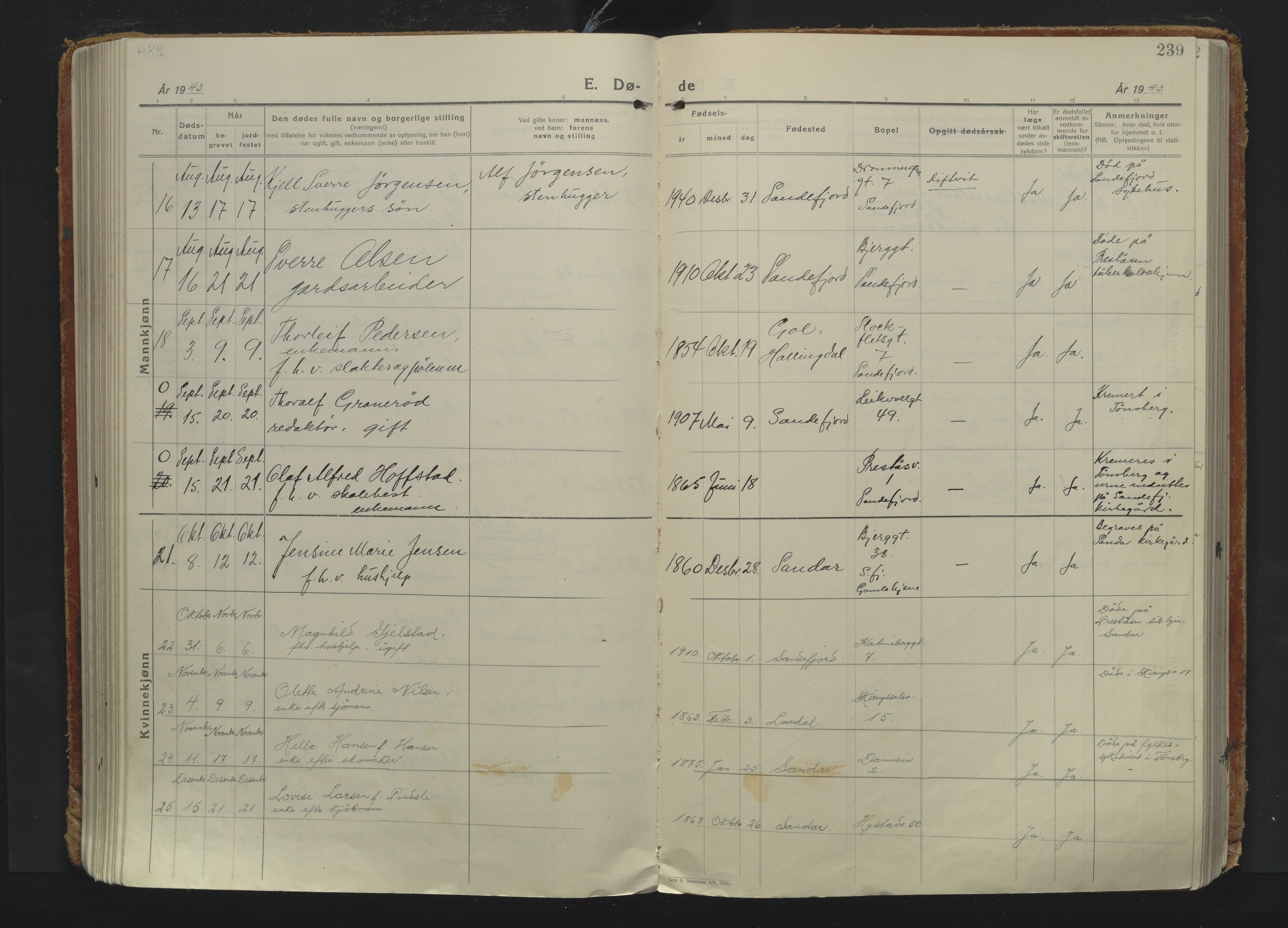 Sandefjord kirkebøker, AV/SAKO-A-315/F/Fa/L0009: Ministerialbok nr. 9, 1926-1945, s. 239