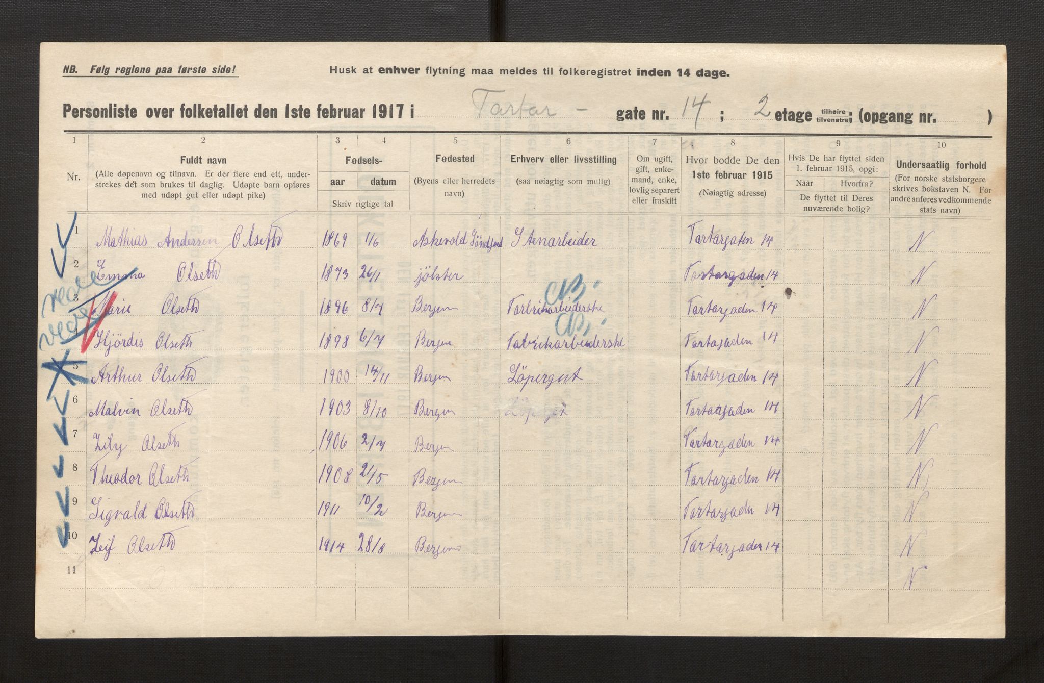 SAB, Kommunal folketelling 1917 for Bergen kjøpstad, 1917, s. 41125