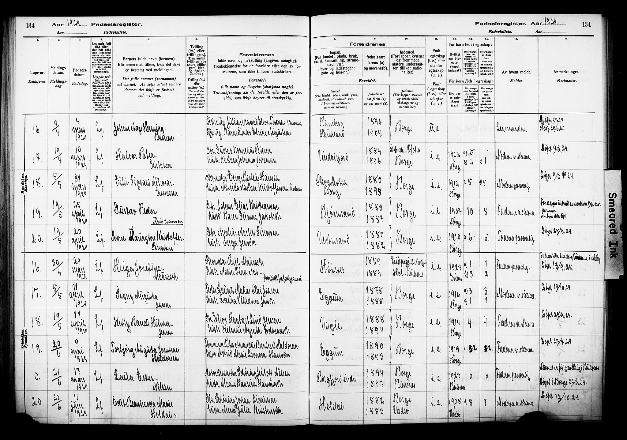 Ministerialprotokoller, klokkerbøker og fødselsregistre - Nordland, AV/SAT-A-1459/880/L1145: Fødselsregister nr. 880.II.4.1, 1916-1929, s. 134