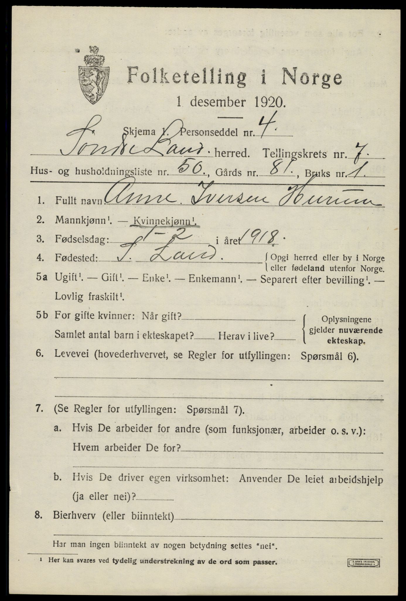 SAH, Folketelling 1920 for 0536 Søndre Land herred, 1920, s. 7571