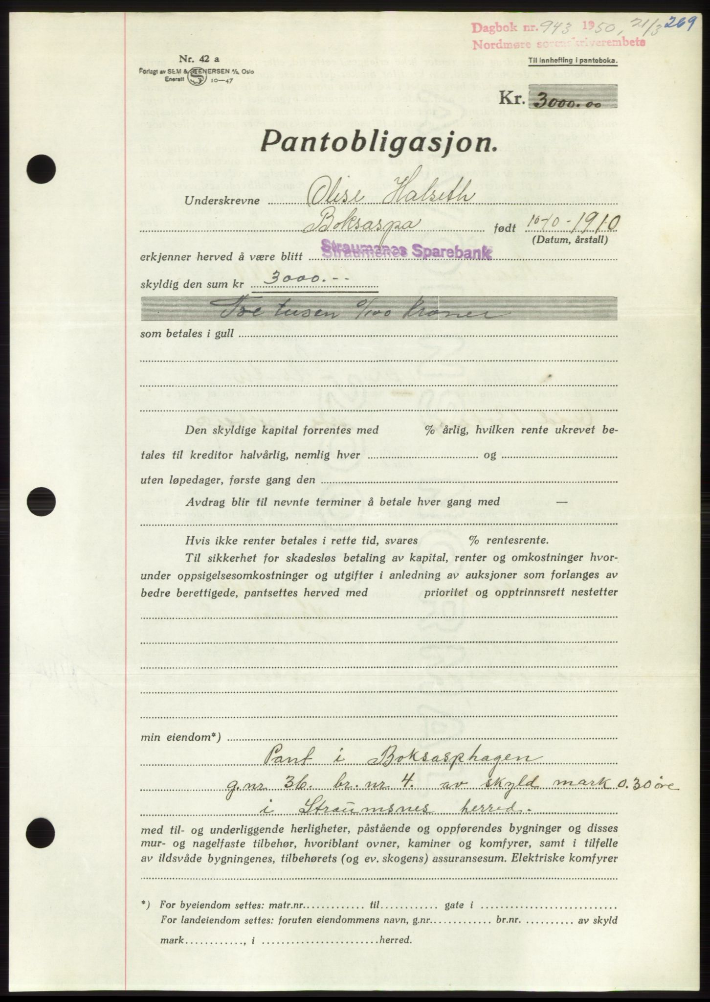 Nordmøre sorenskriveri, SAT/A-4132/1/2/2Ca: Pantebok nr. B104, 1950-1950, Dagboknr: 943/1950