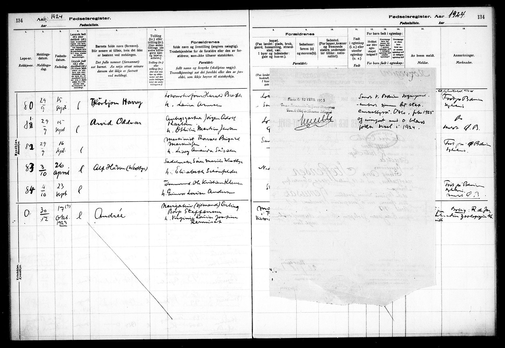 Vestre Bærum prestekontor Kirkebøker, AV/SAO-A-10209a/J/L0001: Fødselsregister nr. 1, 1916-1926, s. 134