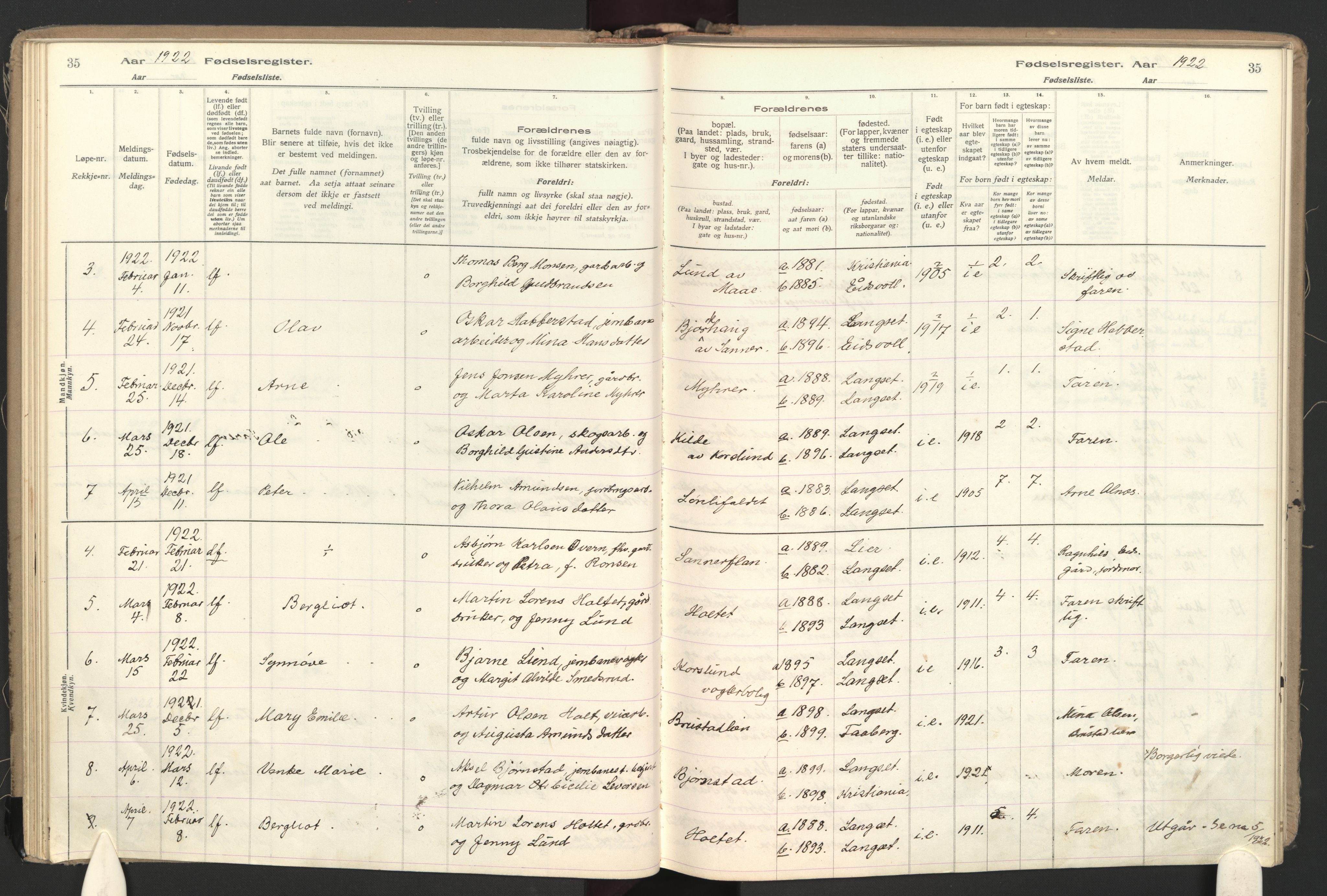 Eidsvoll prestekontor Kirkebøker, AV/SAO-A-10888/J/Jb/L0001: Fødselsregister nr. II 1, 1916-1959, s. 35