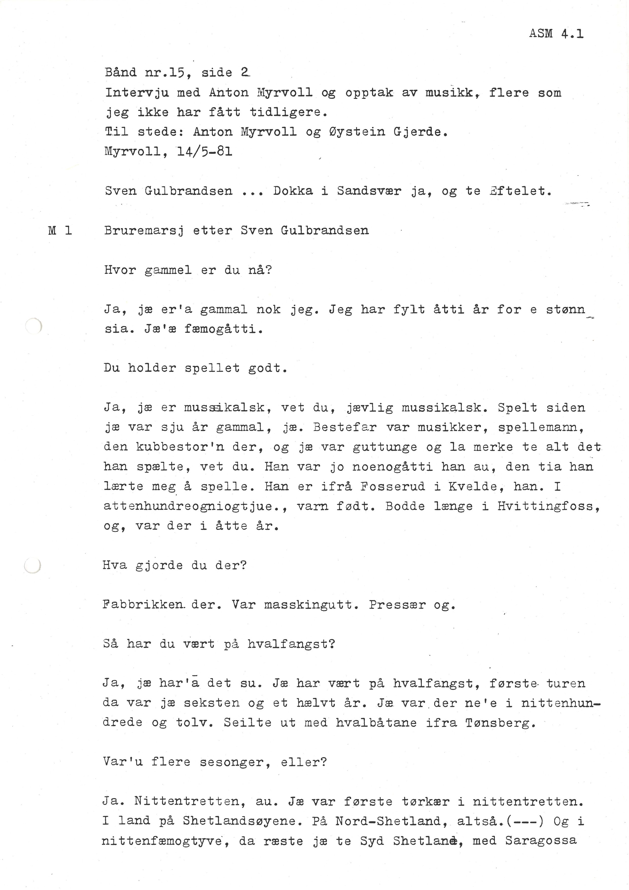 Sa 16 - Folkemusikk fra Vestfold, Gjerdesamlingen, VEMU/A-1868/I/L0001: Informantregister med intervjunedtegnelser, 1979-1986