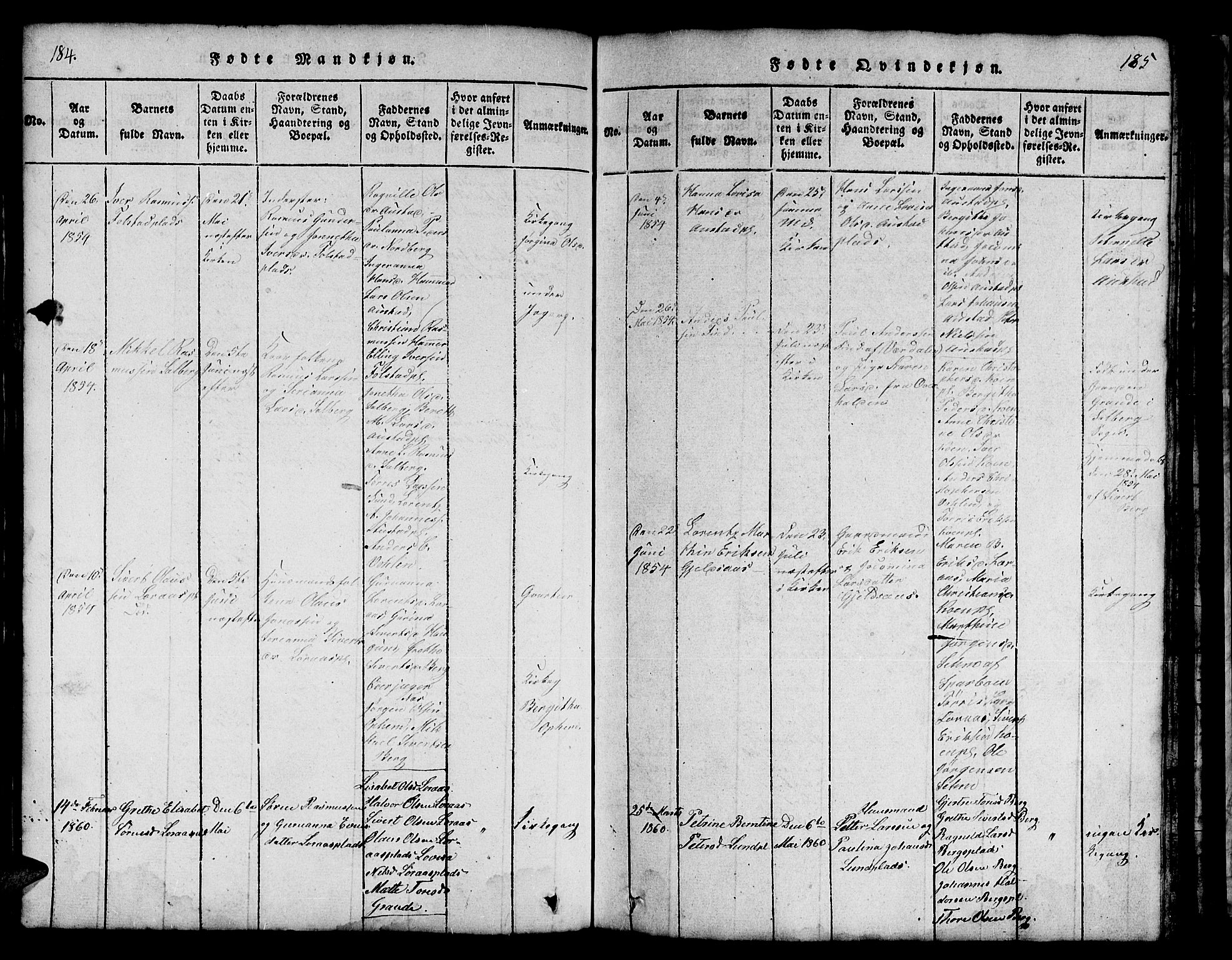 Ministerialprotokoller, klokkerbøker og fødselsregistre - Nord-Trøndelag, SAT/A-1458/731/L0310: Klokkerbok nr. 731C01, 1816-1874, s. 184-185