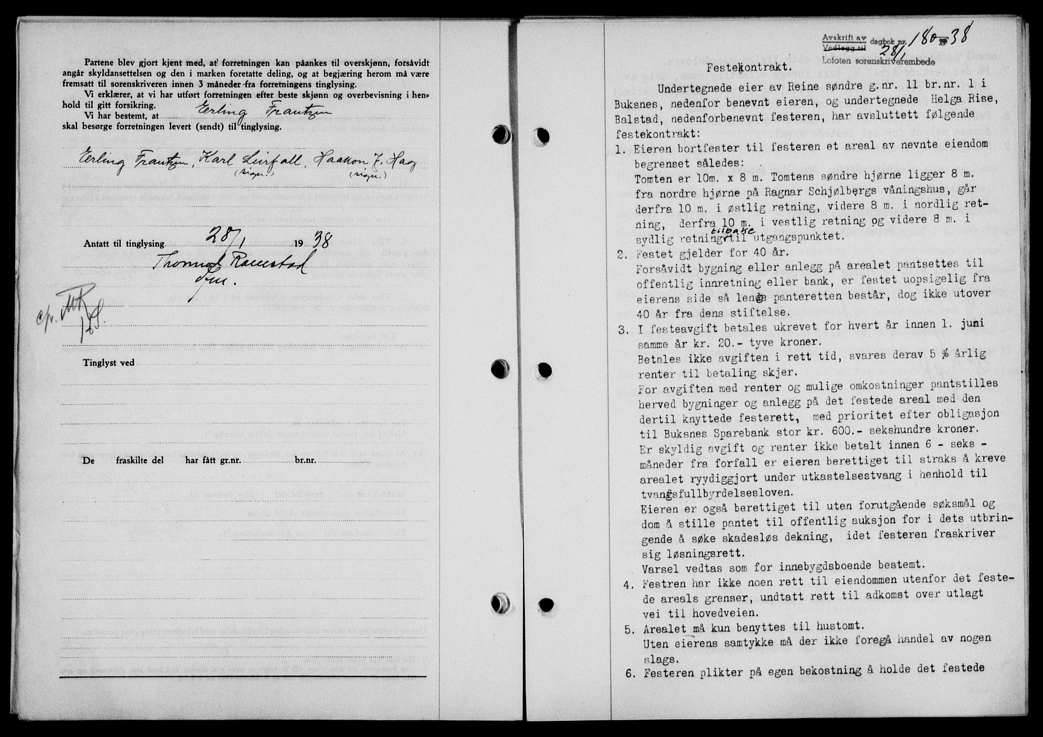 Lofoten sorenskriveri, SAT/A-0017/1/2/2C/L0003a: Pantebok nr. 3a, 1937-1938, Dagboknr: 180/1938