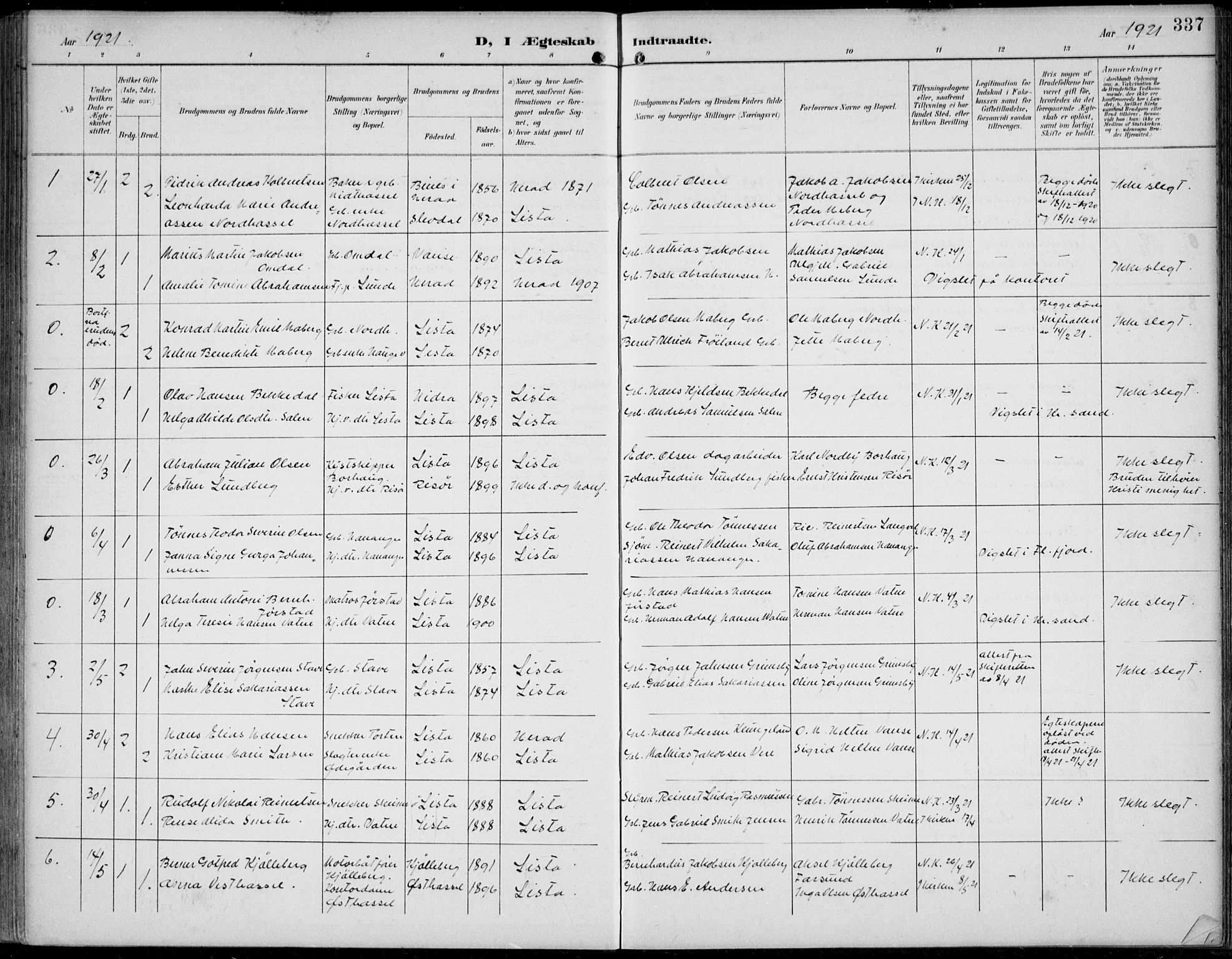 Lista sokneprestkontor, SAK/1111-0027/F/Fb/L0005: Klokkerbok nr. B 5, 1892-1923, s. 337