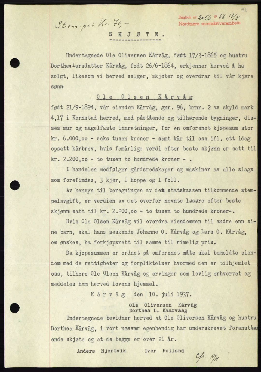 Nordmøre sorenskriveri, SAT/A-4132/1/2/2Ca: Pantebok nr. A82, 1937-1938, Dagboknr: 2056/1937
