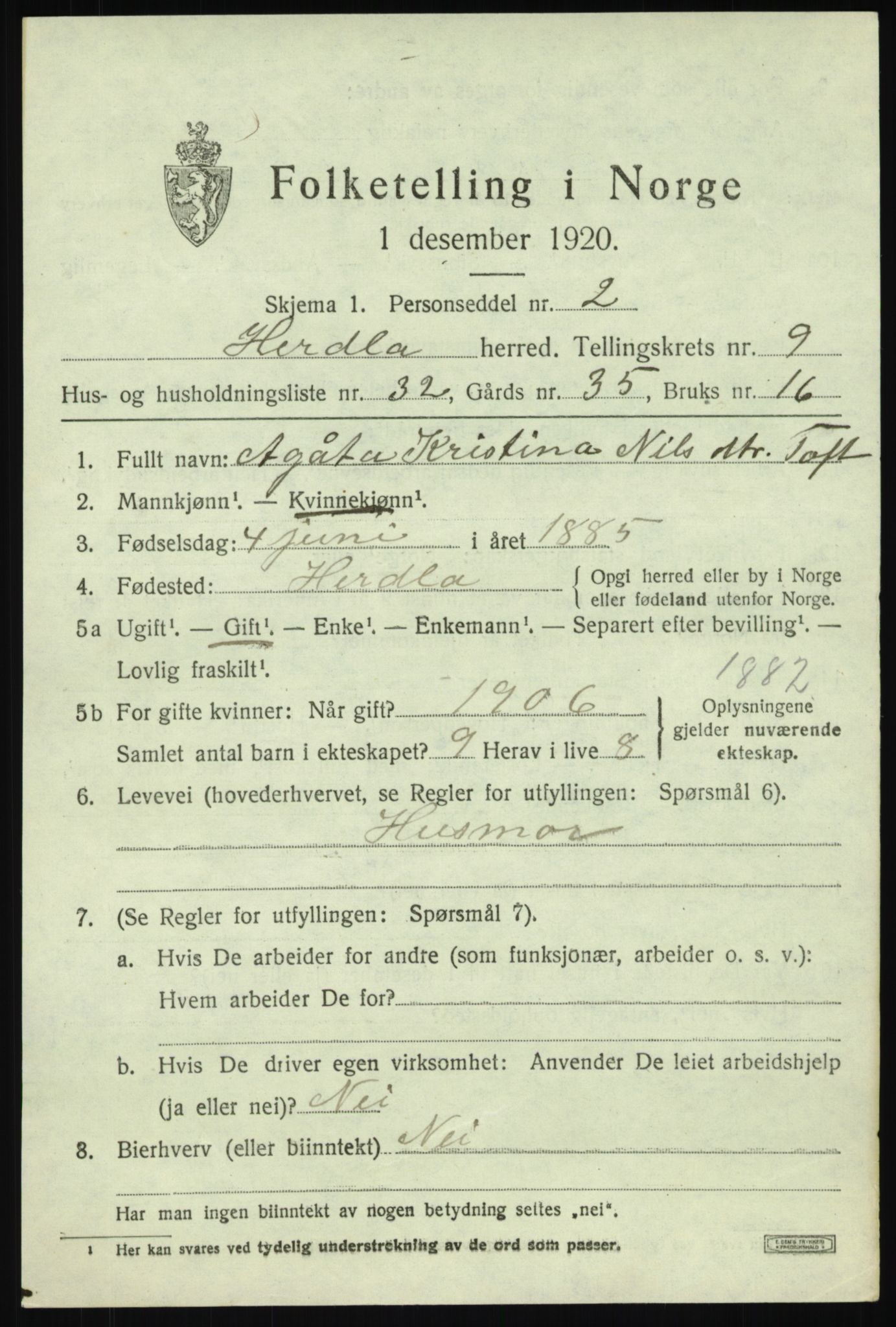 SAB, Folketelling 1920 for 1258 Herdla herred, 1920, s. 6685