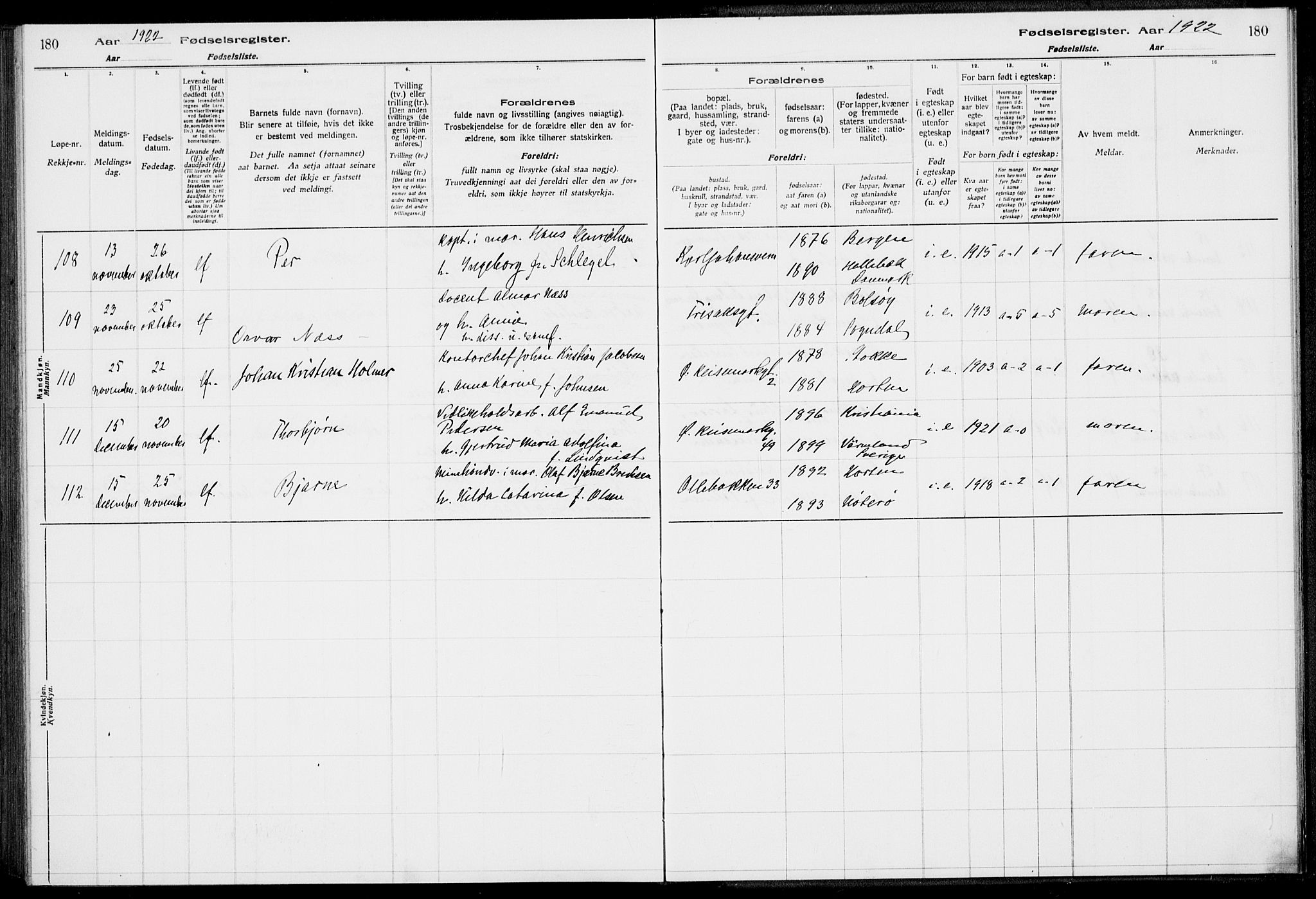 Horten kirkebøker, AV/SAKO-A-348/J/Ja/L0001: Fødselsregister nr. 1, 1916-1923, s. 180