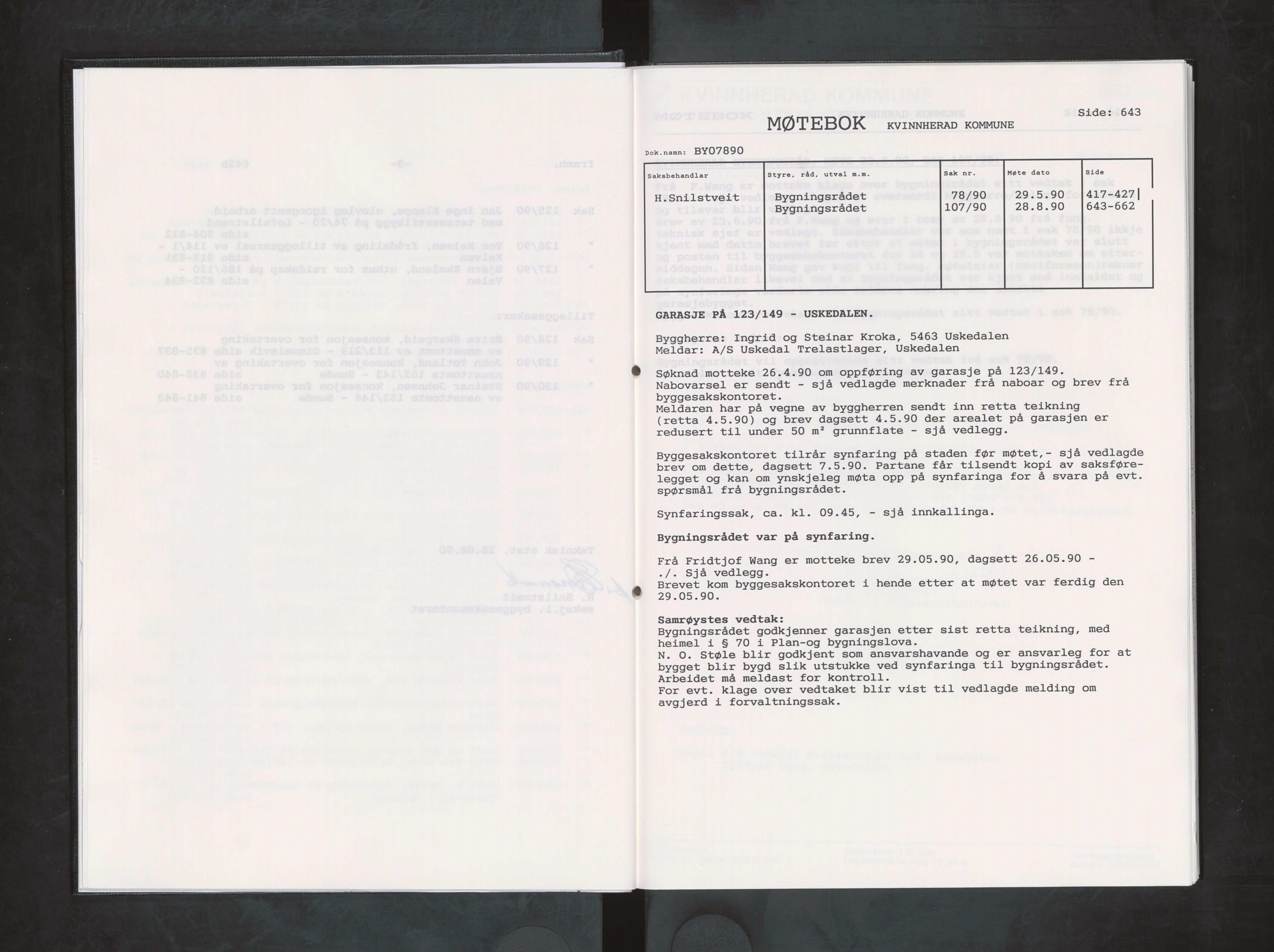 Kvinnherad kommune. Bygningsrådet , IKAH/1224-511/A/Aa/L0067: Møtebok for Kvinnherad bygningsråd, 1990