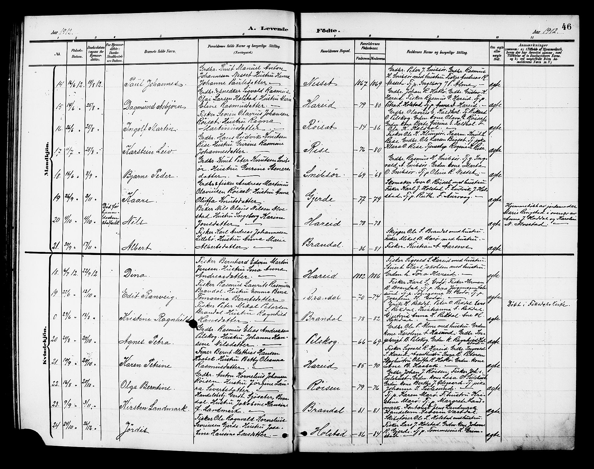 Ministerialprotokoller, klokkerbøker og fødselsregistre - Møre og Romsdal, AV/SAT-A-1454/510/L0126: Klokkerbok nr. 510C03, 1900-1922, s. 46