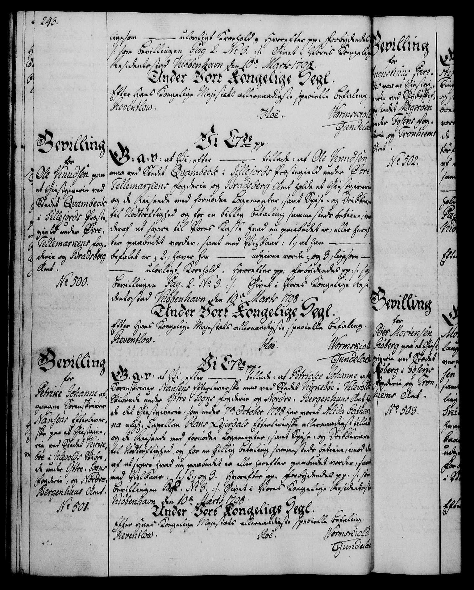 Rentekammeret, Kammerkanselliet, AV/RA-EA-3111/G/Gg/Gga/L0016: Norsk ekspedisjonsprotokoll med register (merket RK 53.16), 1794-1800, s. 243