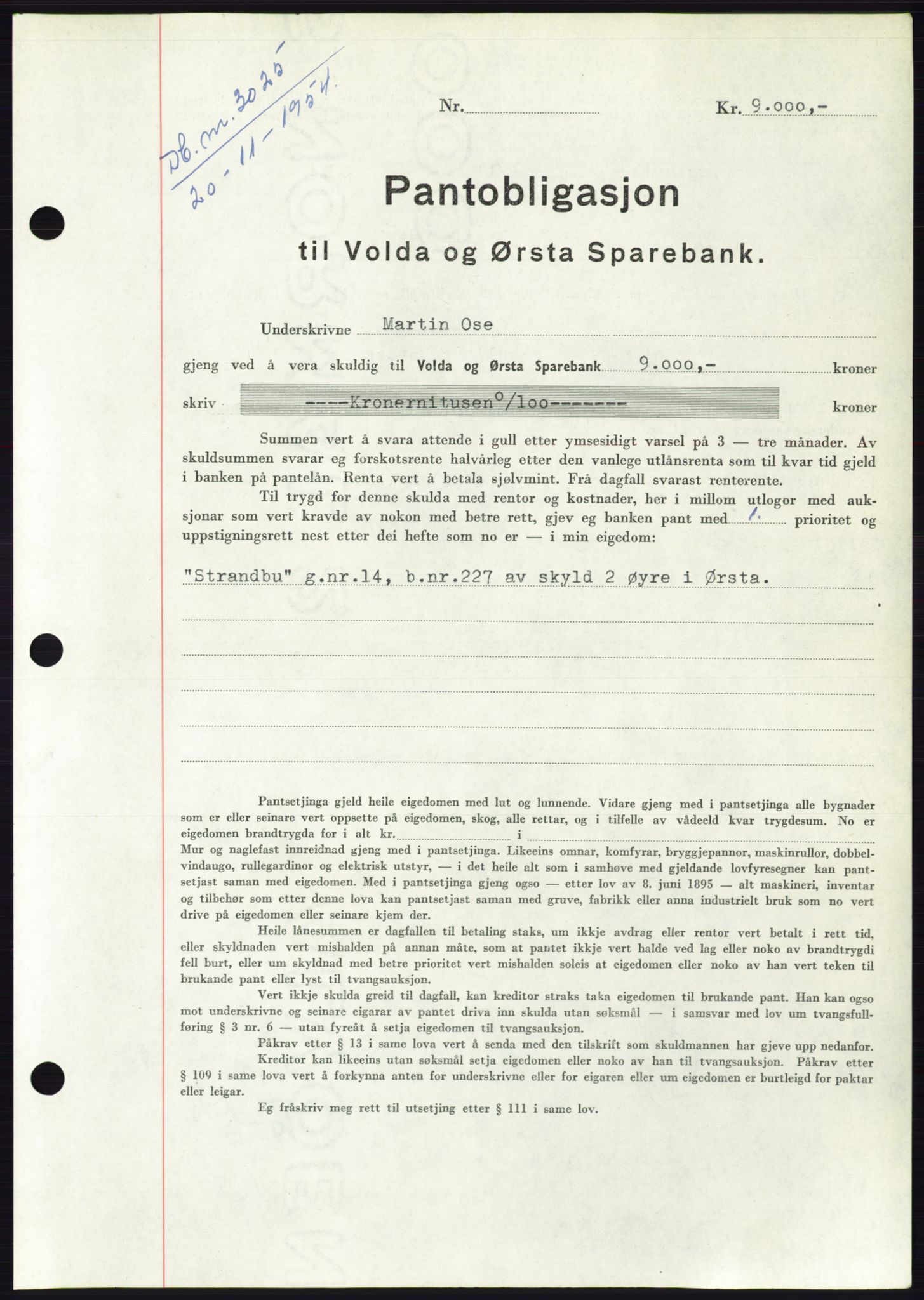 Søre Sunnmøre sorenskriveri, AV/SAT-A-4122/1/2/2C/L0126: Pantebok nr. 14B, 1954-1955, Dagboknr: 3025/1954