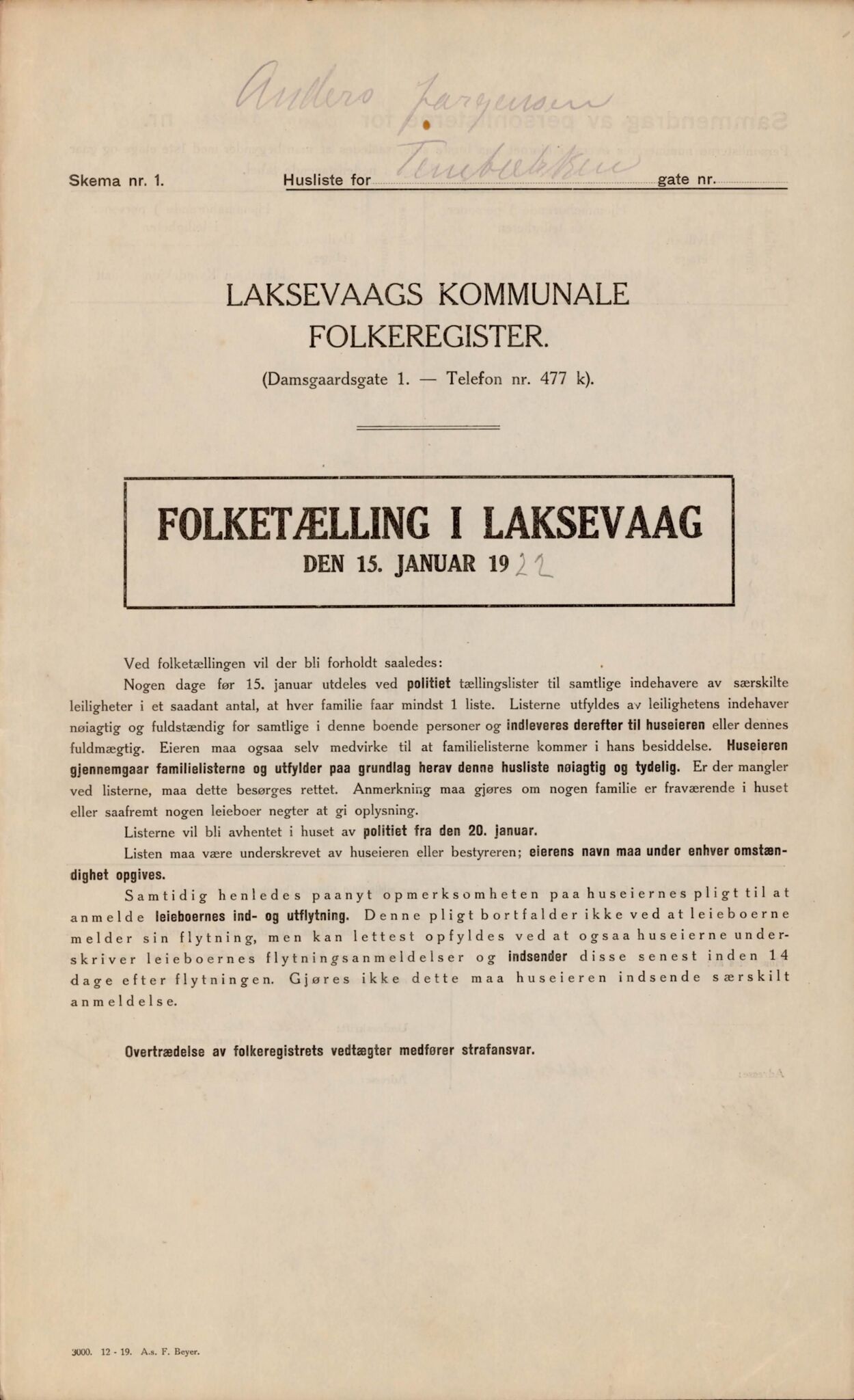 Laksevåg kommune. Folkeregisteret, BBA/A-1586/E/Ea/L0004: Folketellingskjema 1922, 1922