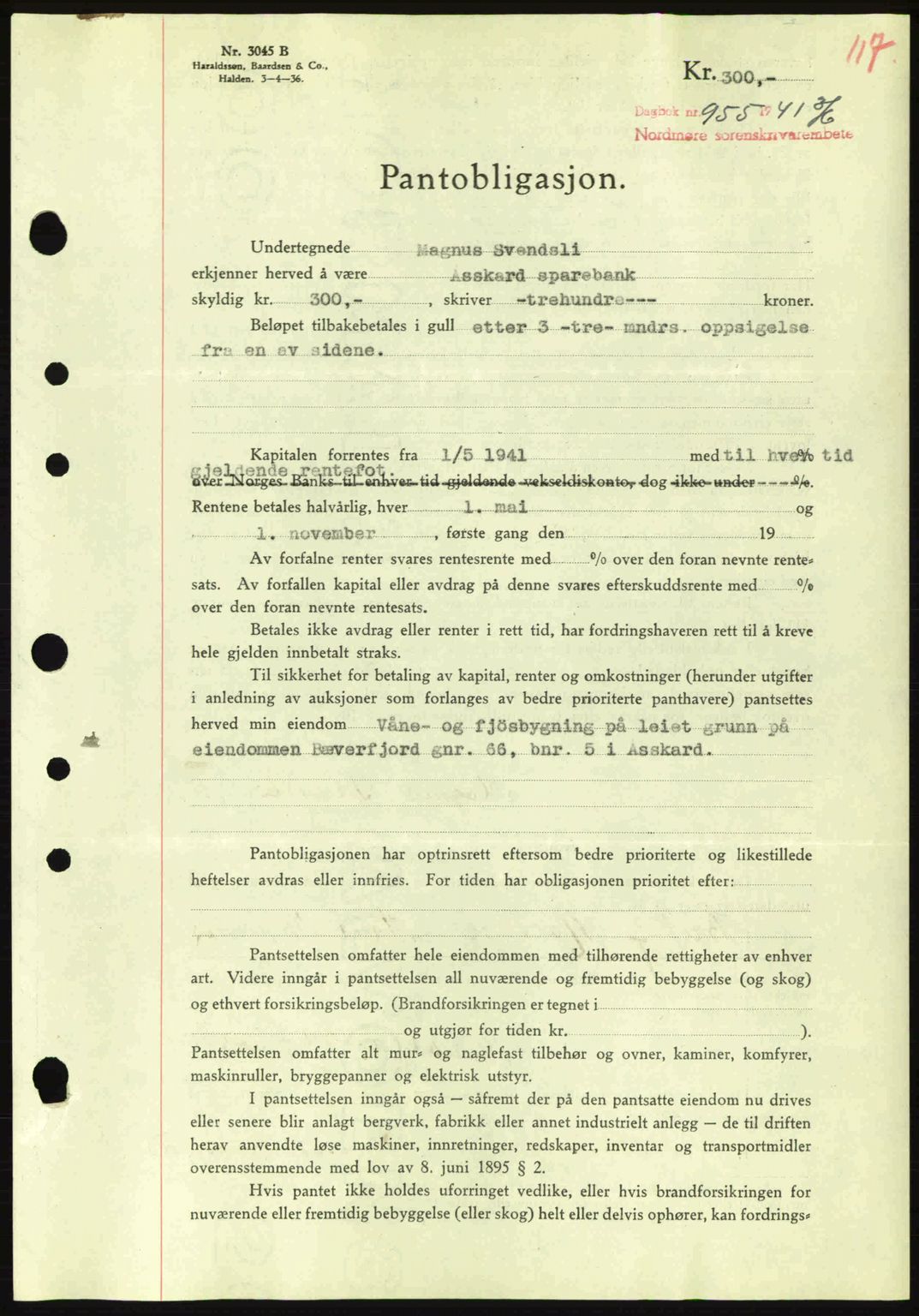 Nordmøre sorenskriveri, SAT/A-4132/1/2/2Ca: Pantebok nr. B88, 1941-1942, Dagboknr: 955/1941
