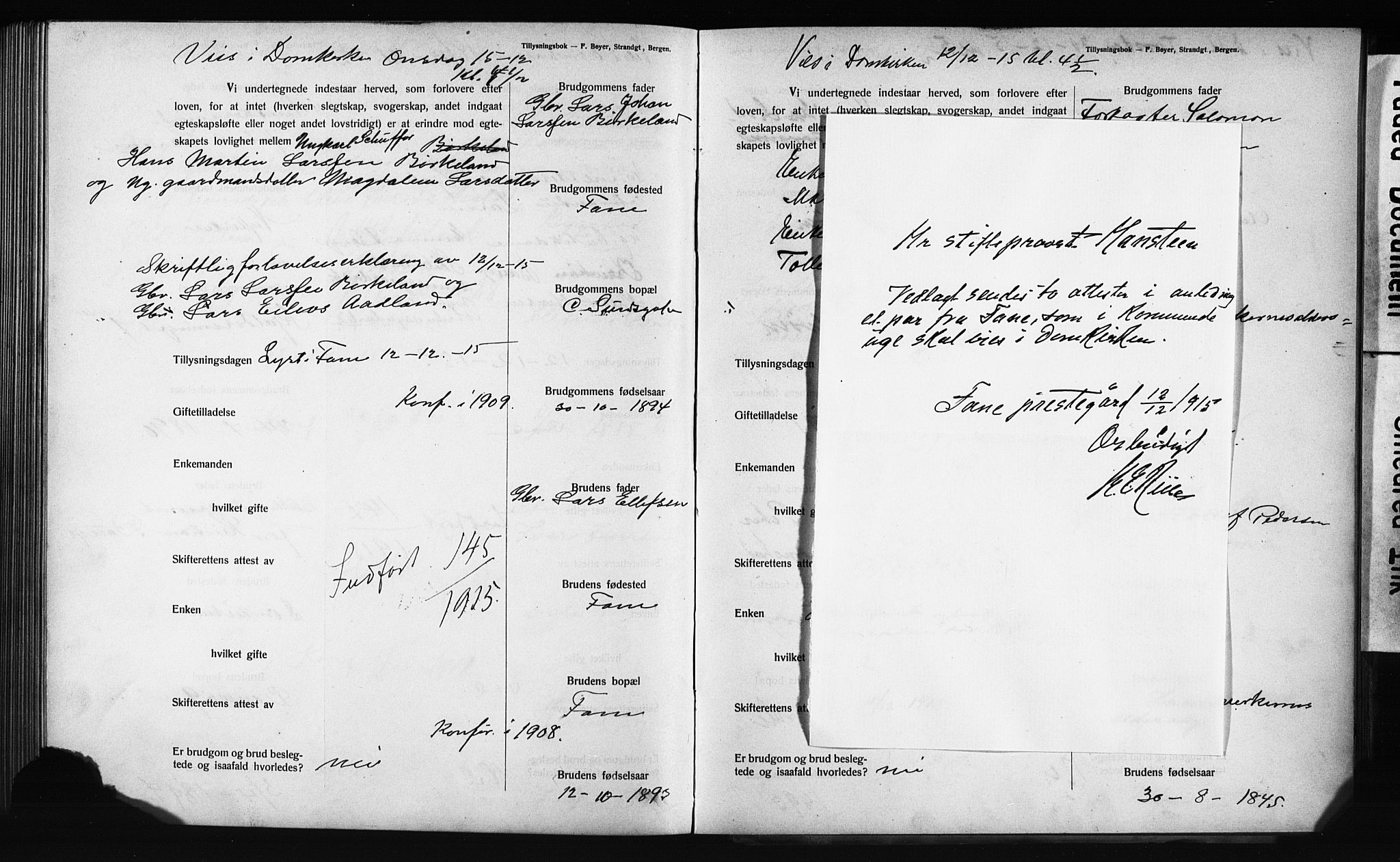 Domkirken sokneprestembete, SAB/A-74801: Forlovererklæringer nr. II.5.12, 1910-1917, s. 323