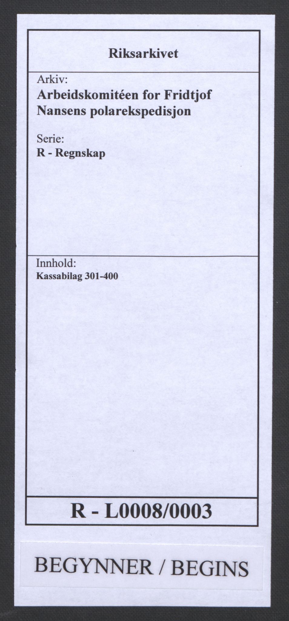 Arbeidskomitéen for Fridtjof Nansens polarekspedisjon, AV/RA-PA-0061/R/L0008/0003: Regnskapsbilag nr. 1-554 / Kassabilag 301-400, 1892-1893, s. 1