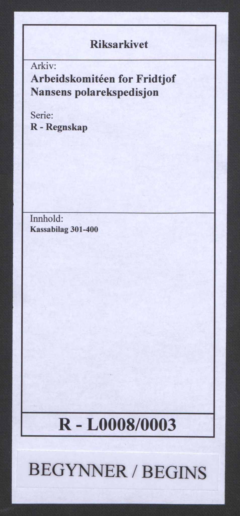 Arbeidskomitéen for Fridtjof Nansens polarekspedisjon, RA/PA-0061/R/L0008/0003: Regnskapsbilag nr. 1-554 / Kassabilag 301-400, 1892-1893, s. 1