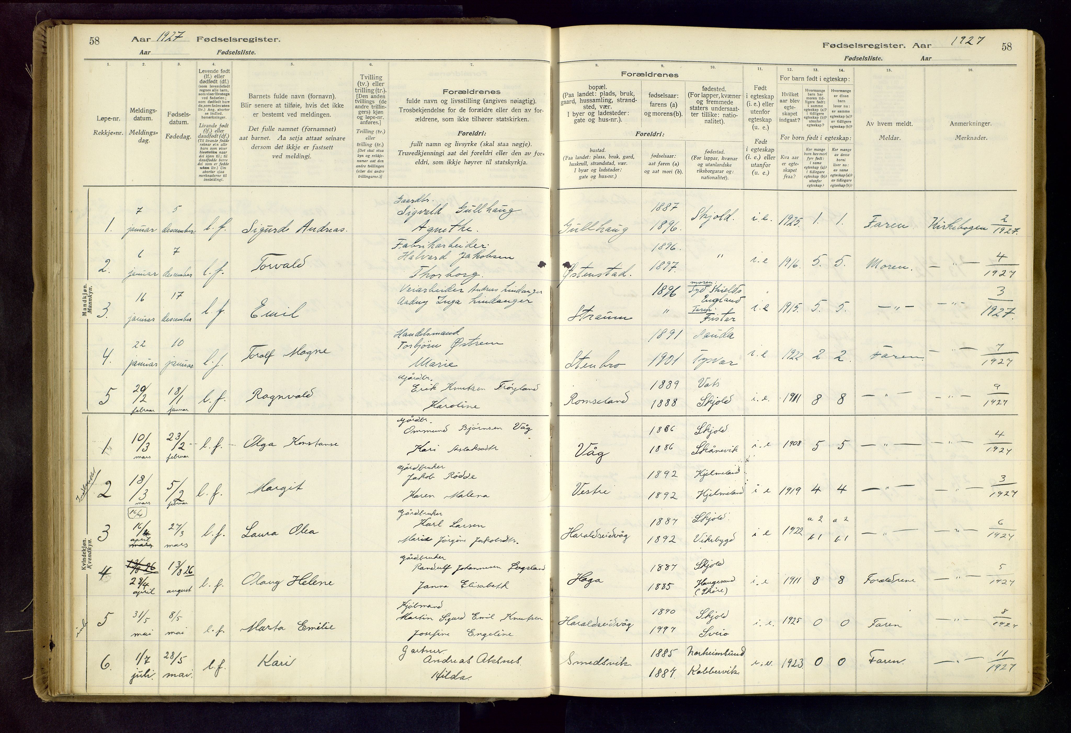 Skjold sokneprestkontor, AV/SAST-A-101847/I/Id/L0001: Fødselsregister nr. 1, 1917-1951, s. 58