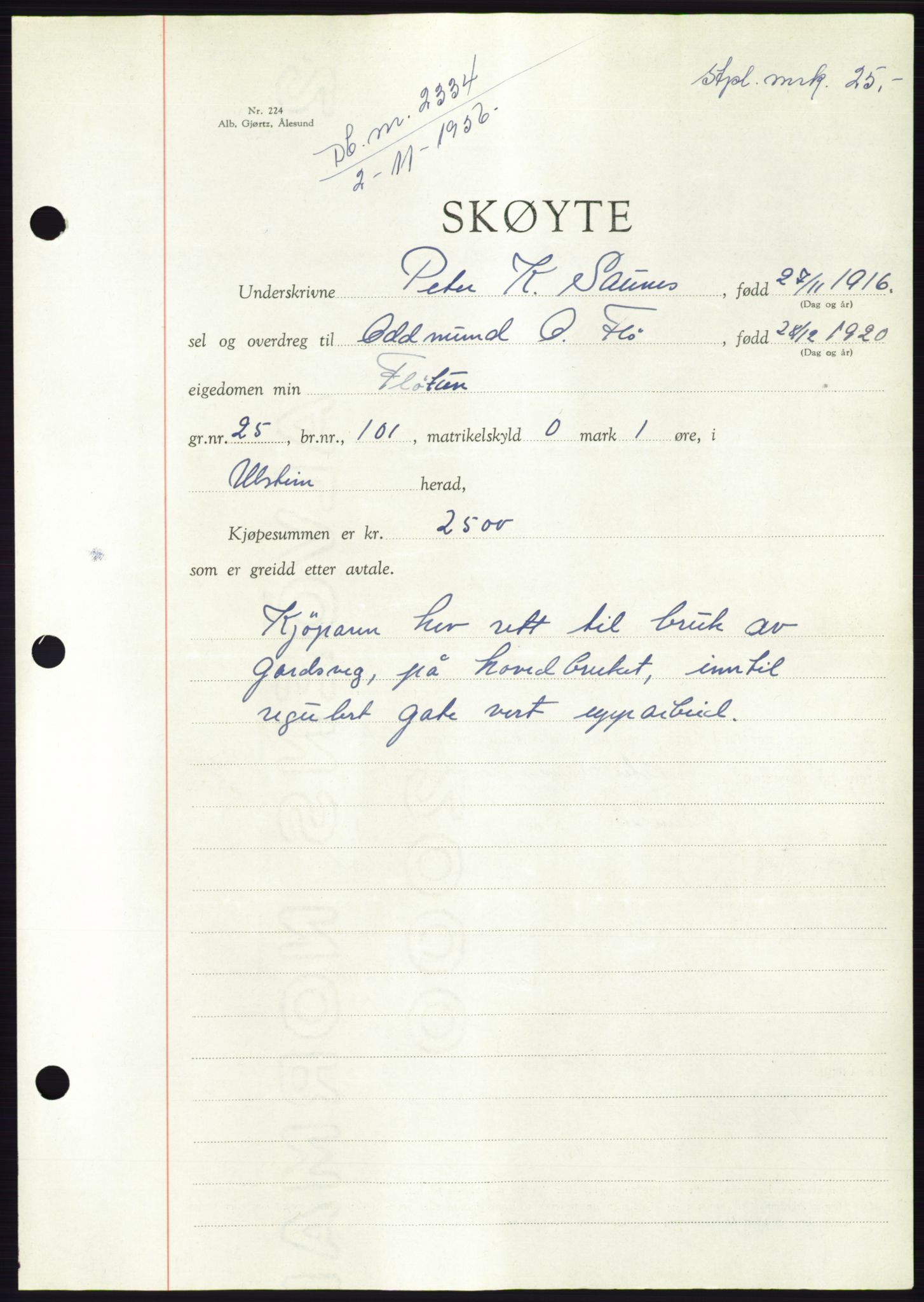 Søre Sunnmøre sorenskriveri, AV/SAT-A-4122/1/2/2C/L0104: Pantebok nr. 30A, 1956-1956, Dagboknr: 2334/1956